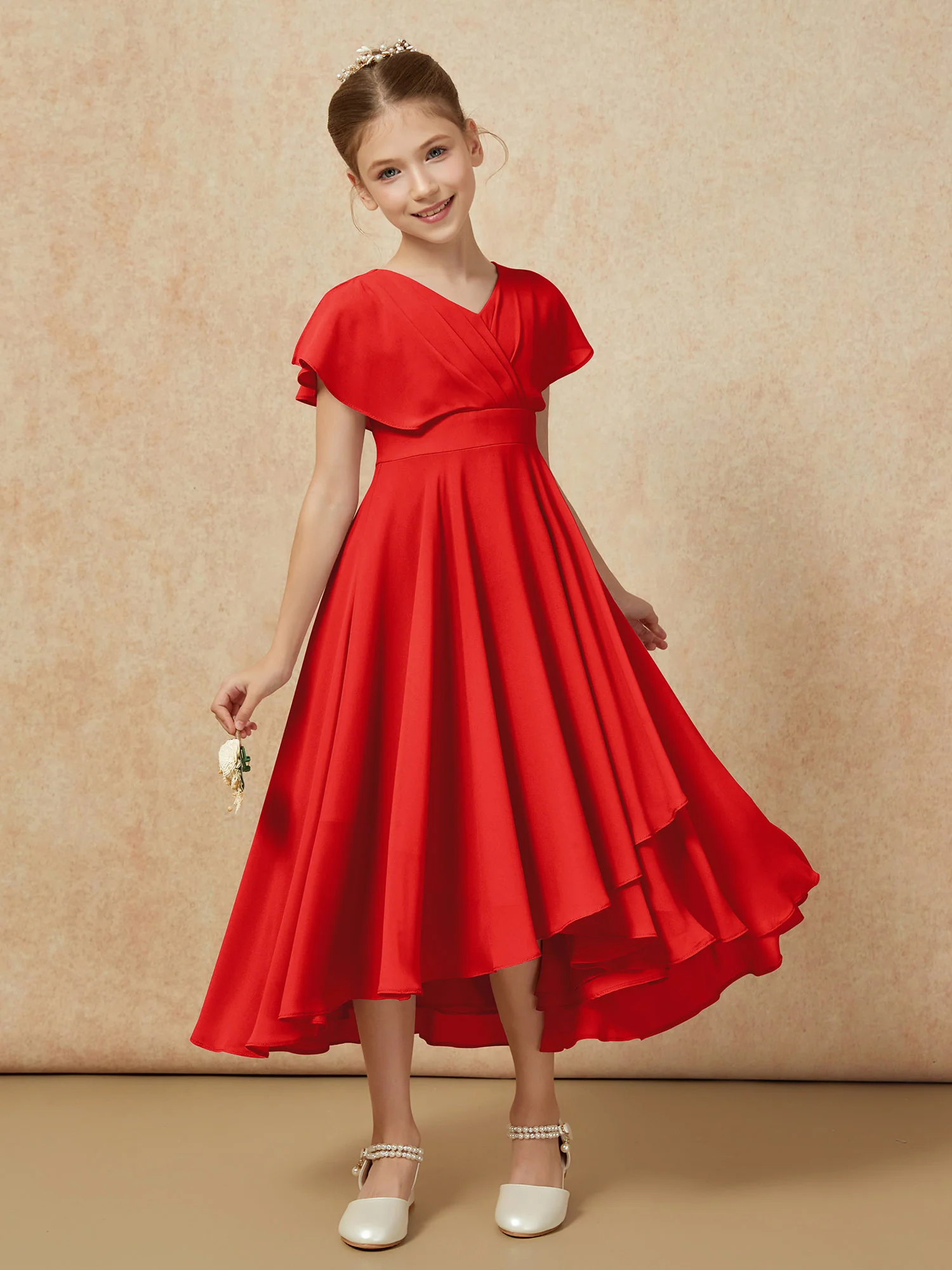 V-neck Chiffon Asymmetrical Junior Bridesmaid Dresses Red - Image 6