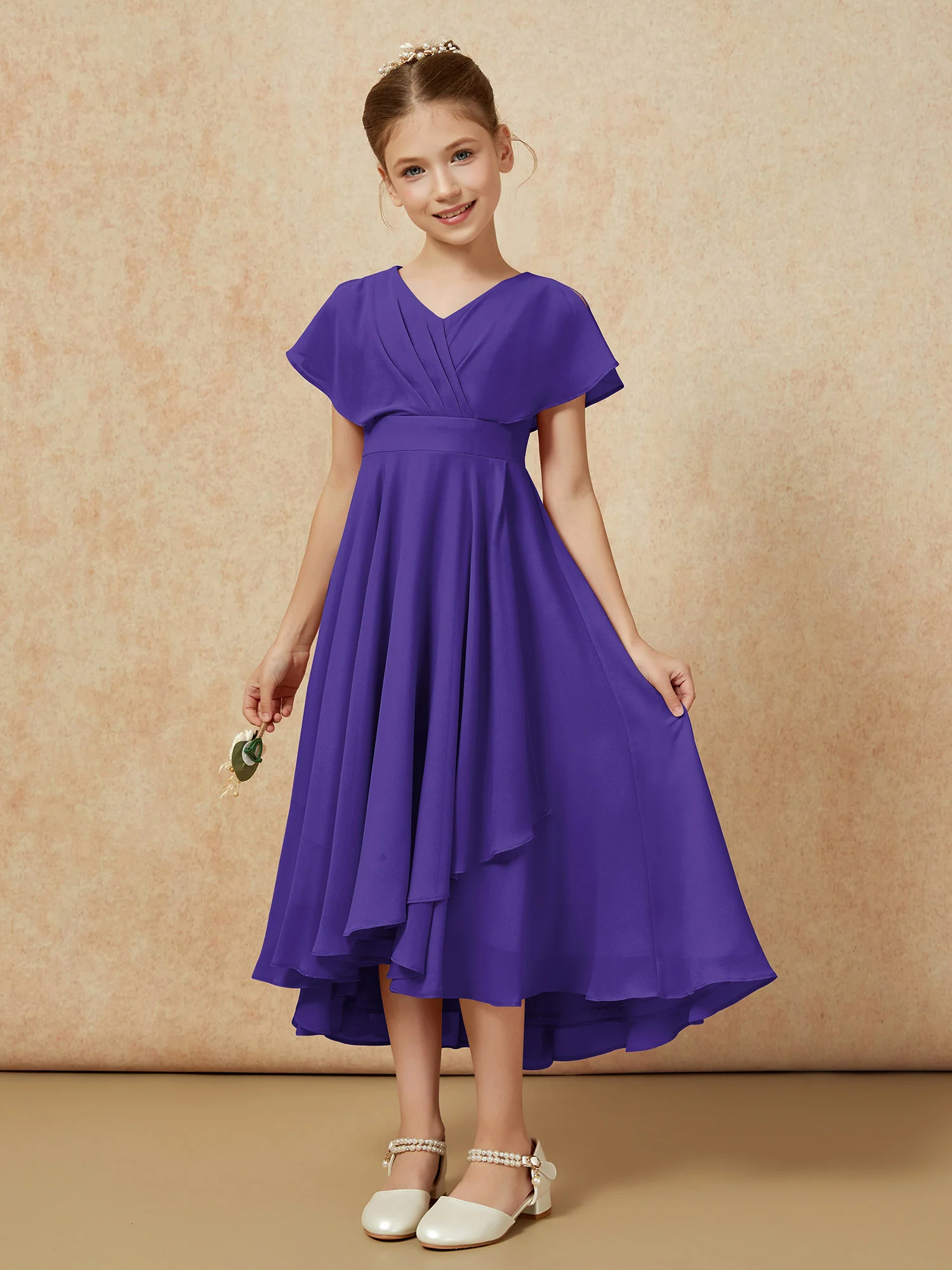 V-neck Chiffon Asymmetrical Junior Bridesmaid Dresses Regency - Image 5