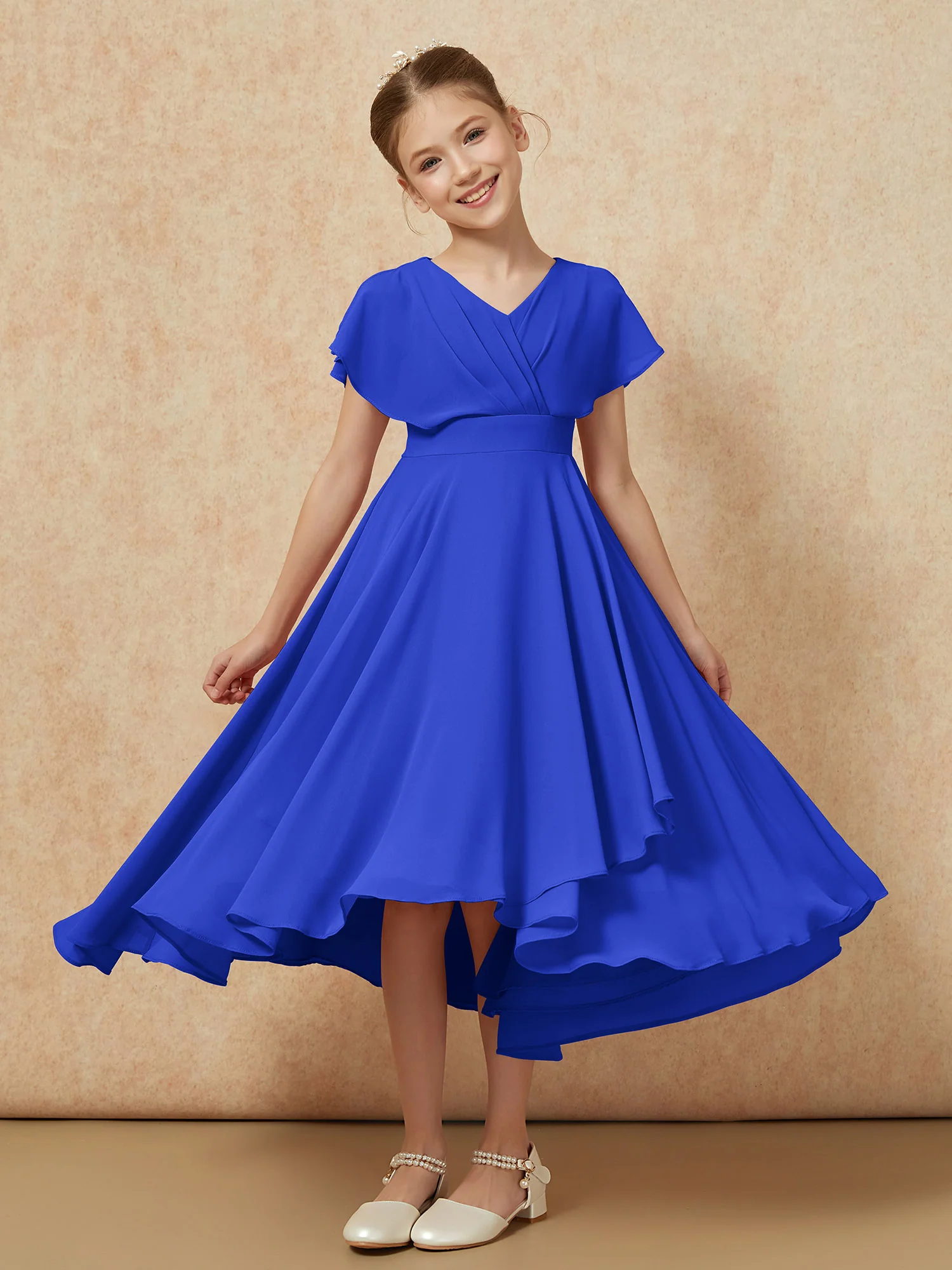V-neck Chiffon Asymmetrical Junior Bridesmaid Dresses Royal Blue