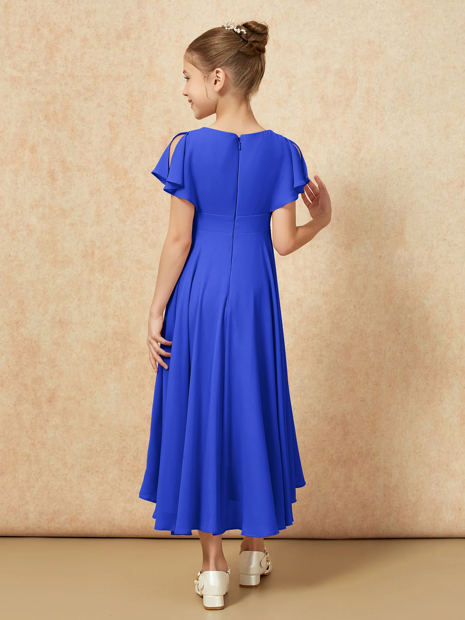 V-neck Chiffon Asymmetrical Junior Bridesmaid Dresses Royal Blue - Image 2