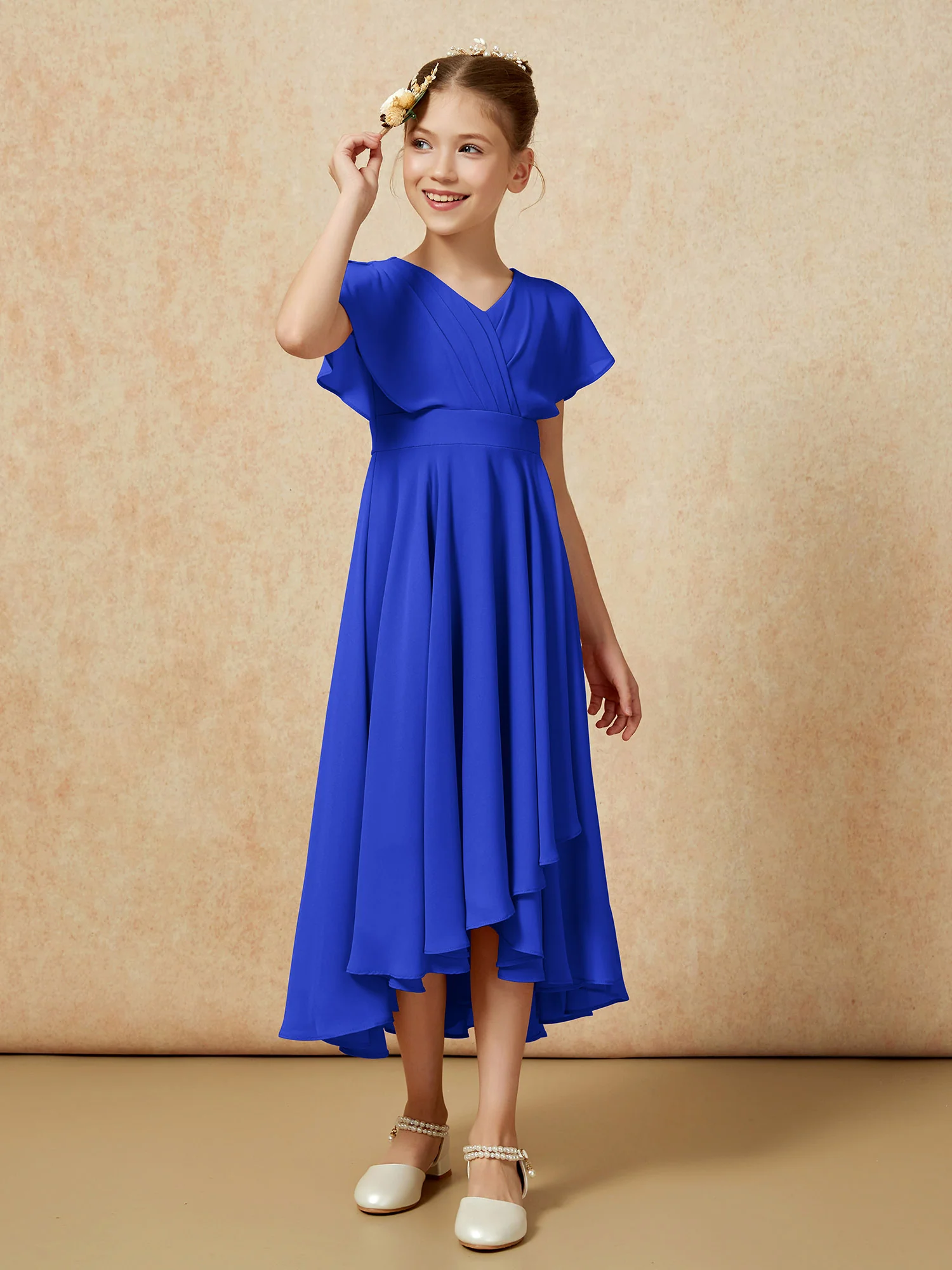 V-neck Chiffon Asymmetrical Junior Bridesmaid Dresses Royal Blue - Image 3