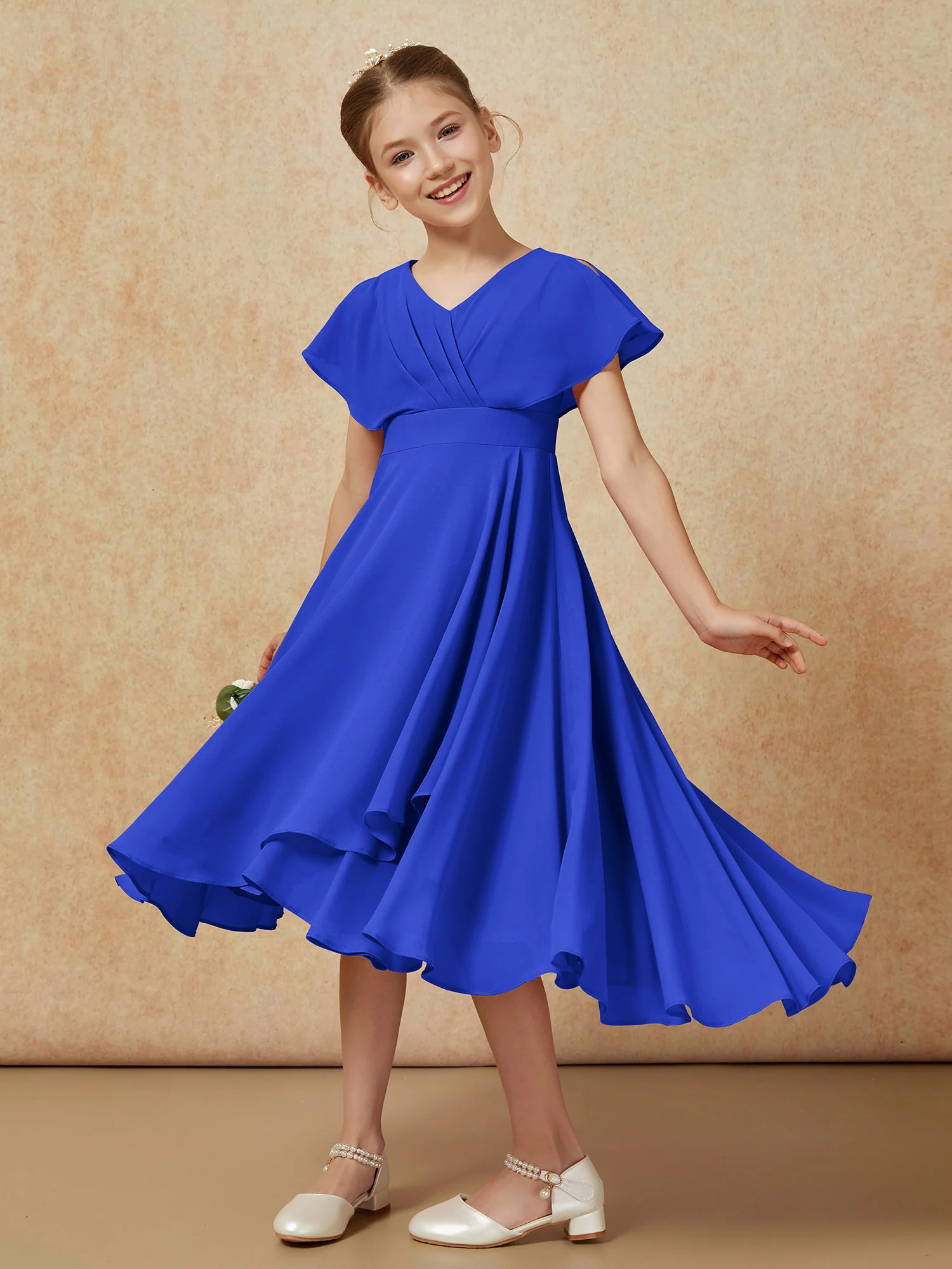 V-neck Chiffon Asymmetrical Junior Bridesmaid Dresses Royal Blue - Image 4