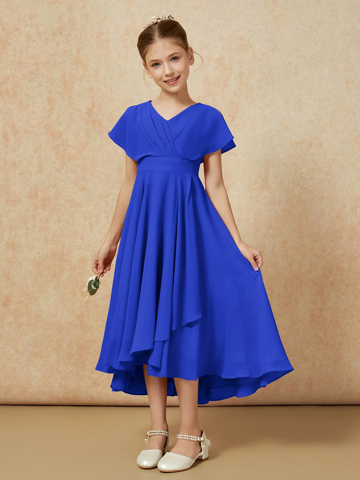 V-neck Chiffon Asymmetrical Junior Bridesmaid Dresses Royal Blue - Image 5