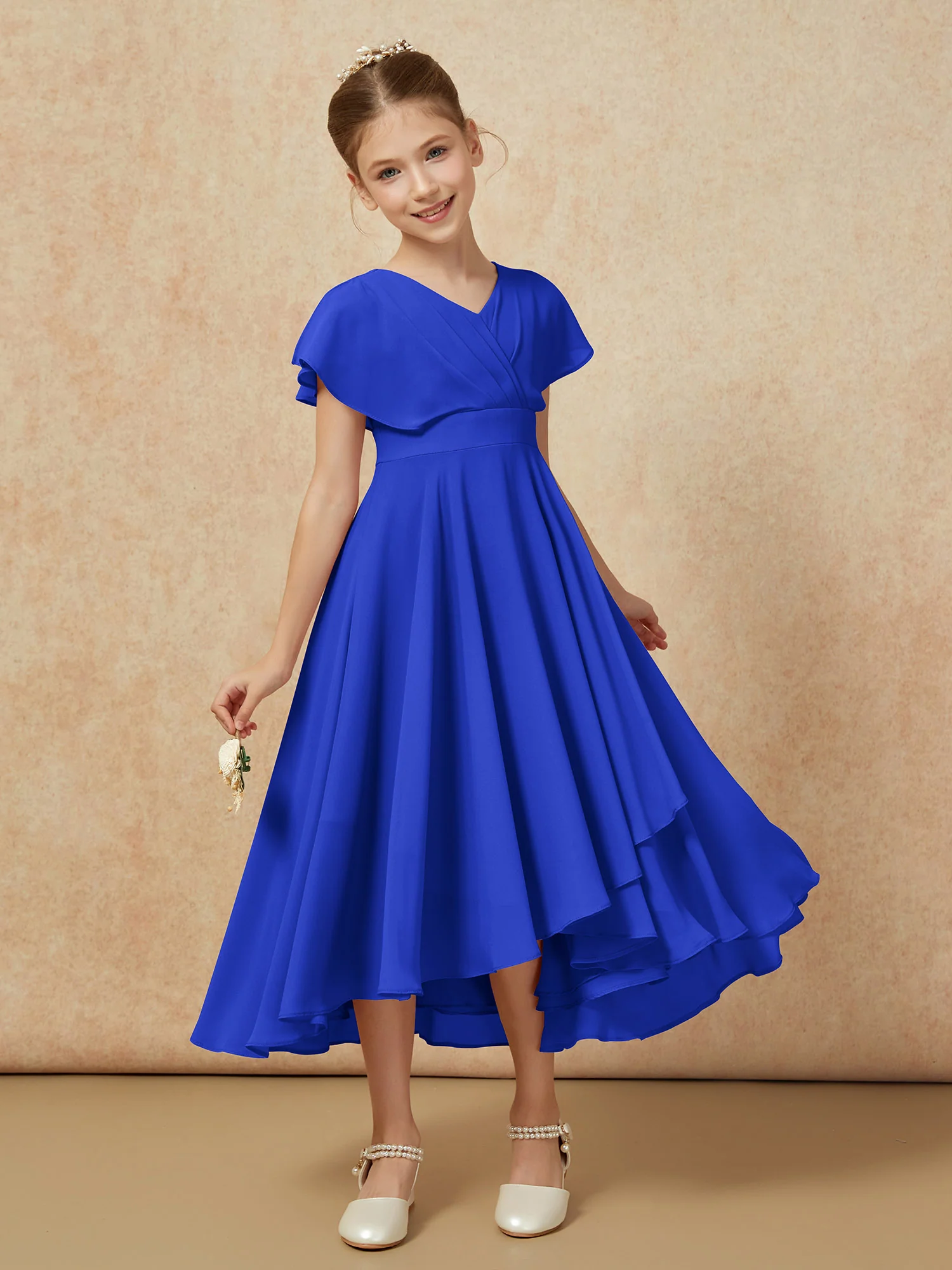 V-neck Chiffon Asymmetrical Junior Bridesmaid Dresses Royal Blue - Image 6