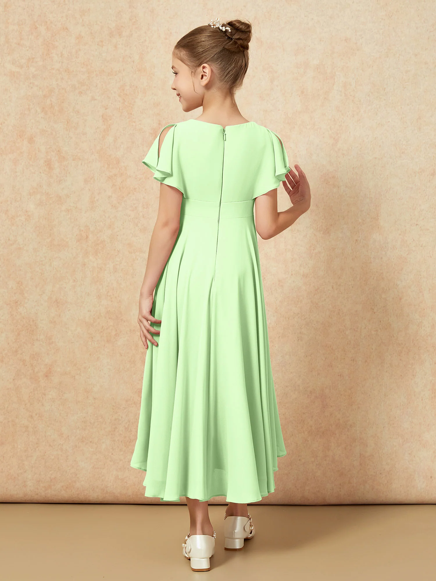 V-neck Chiffon Asymmetrical Junior Bridesmaid Dresses Sage - Image 2