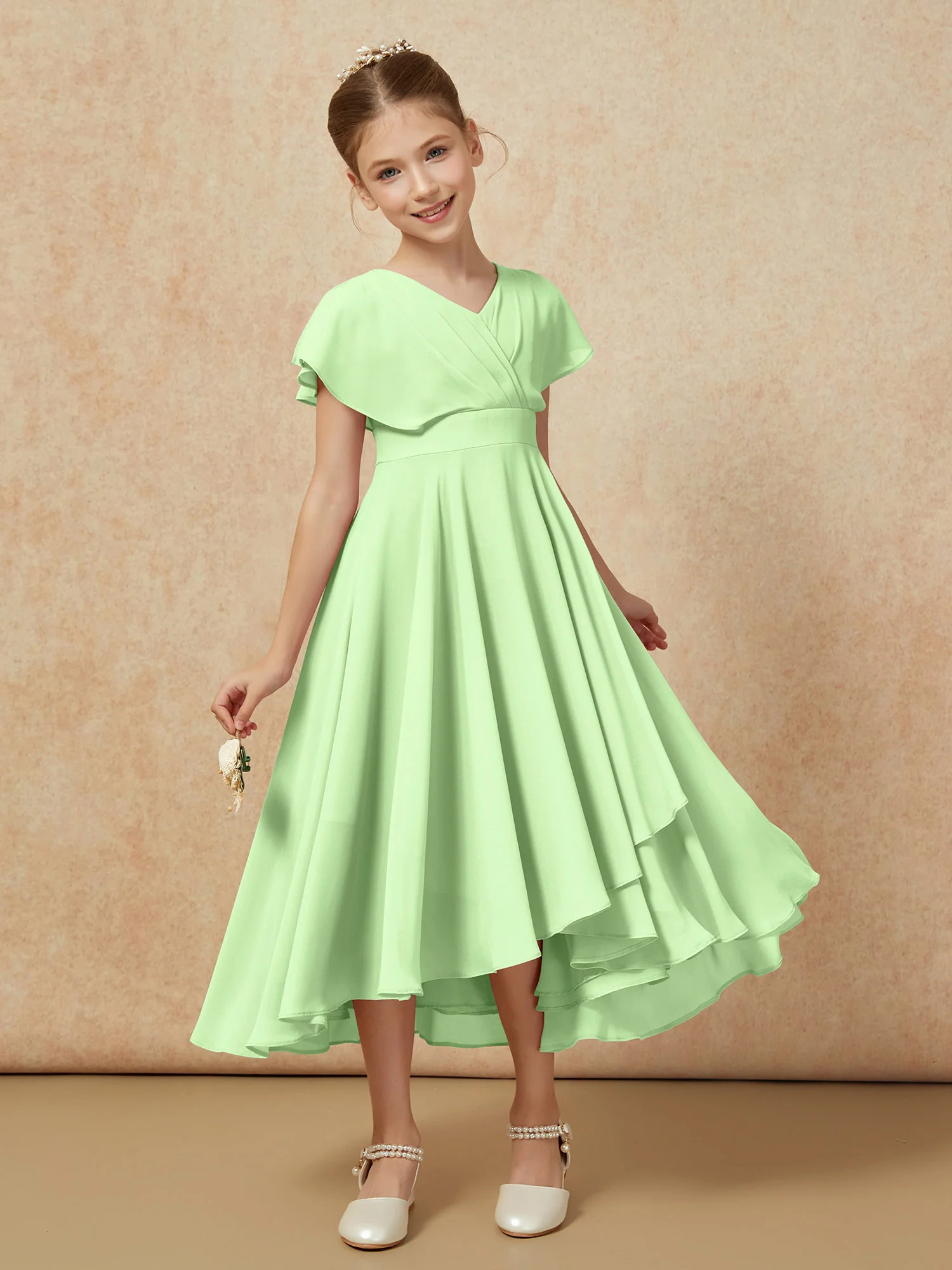 V-neck Chiffon Asymmetrical Junior Bridesmaid Dresses Sage - Image 6