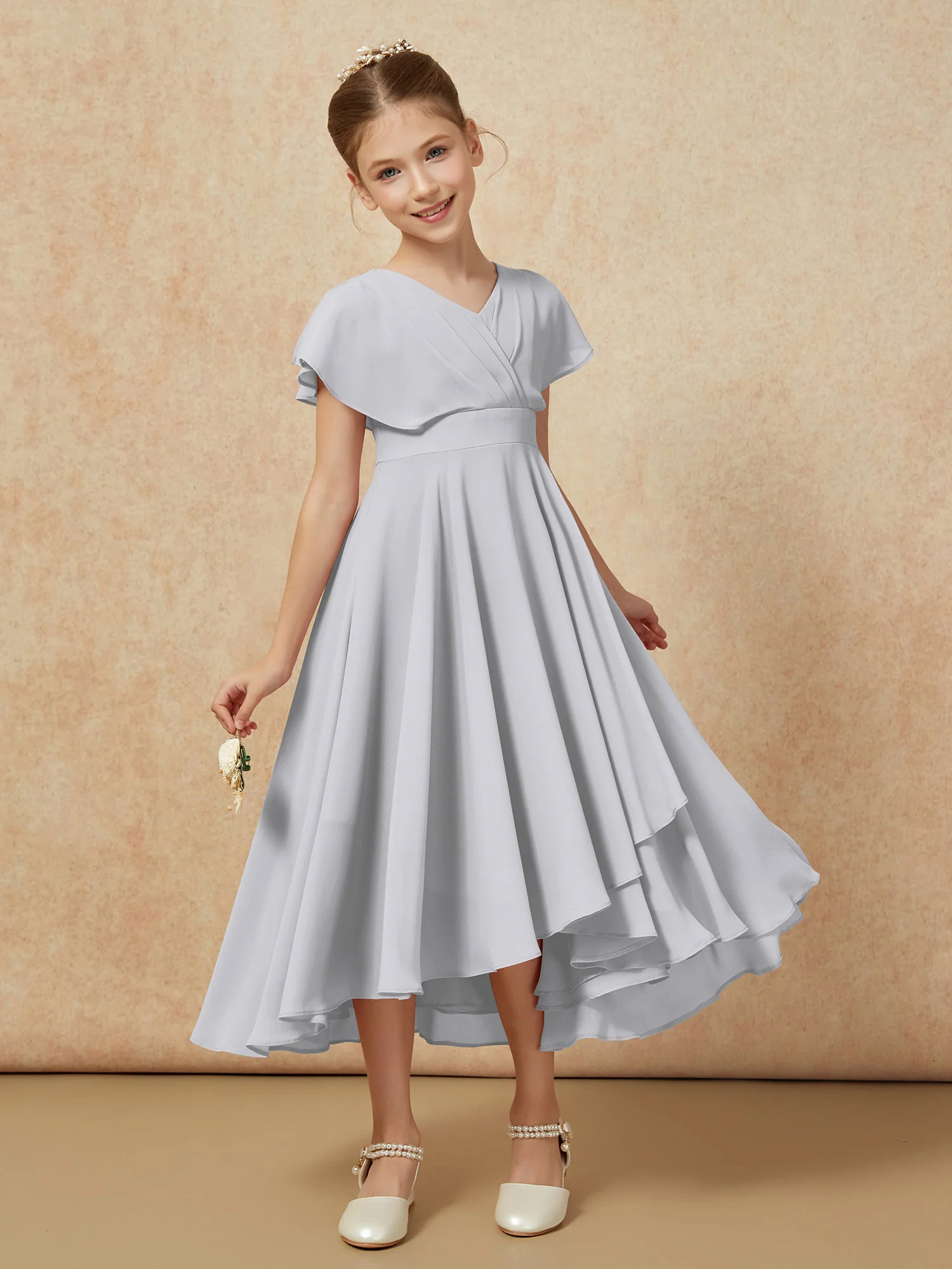 V-neck Chiffon Asymmetrical Junior Bridesmaid Dresses Silver - Image 6