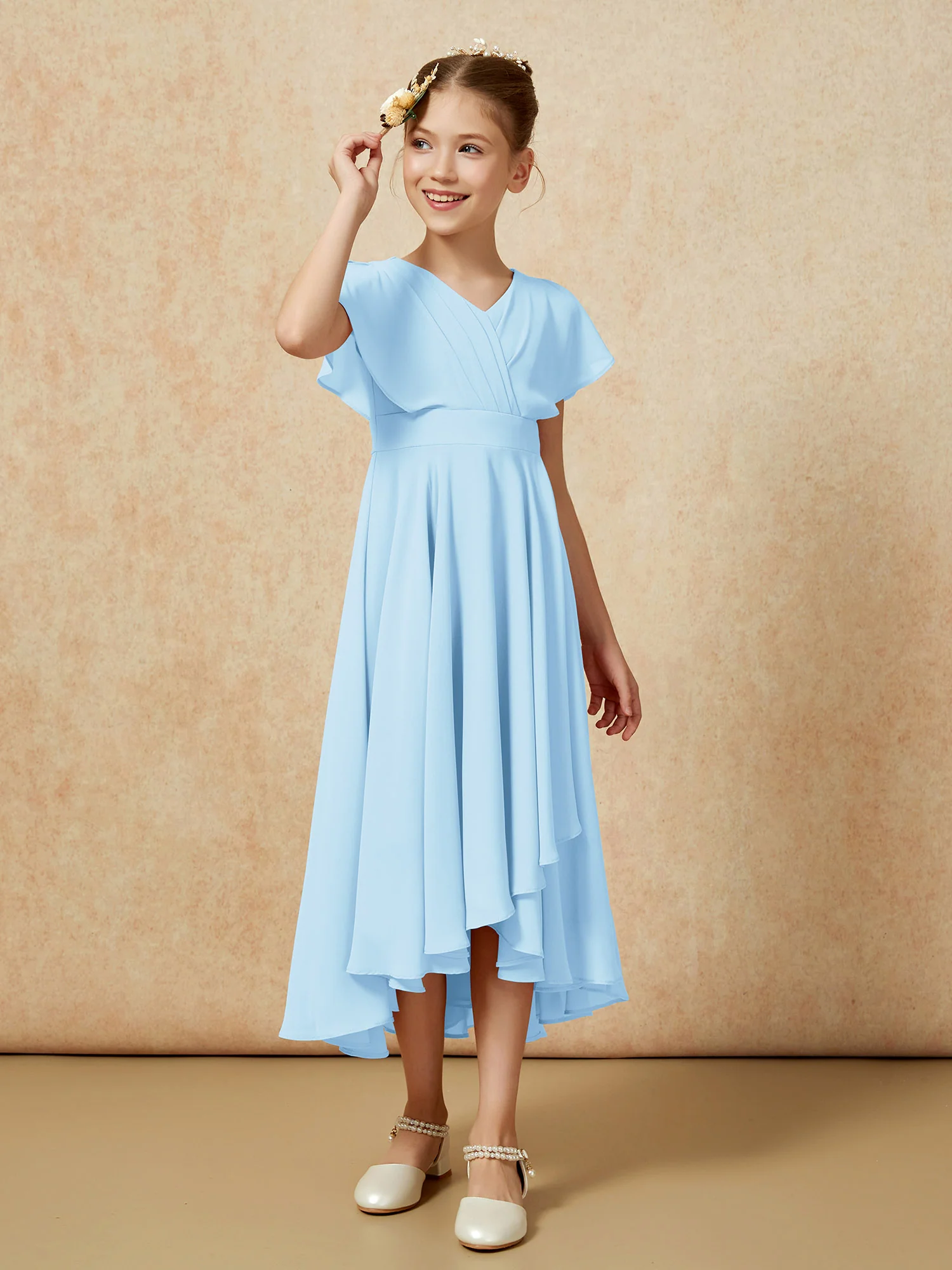 V-neck Chiffon Asymmetrical Junior Bridesmaid Dresses Sky Blue - Image 3