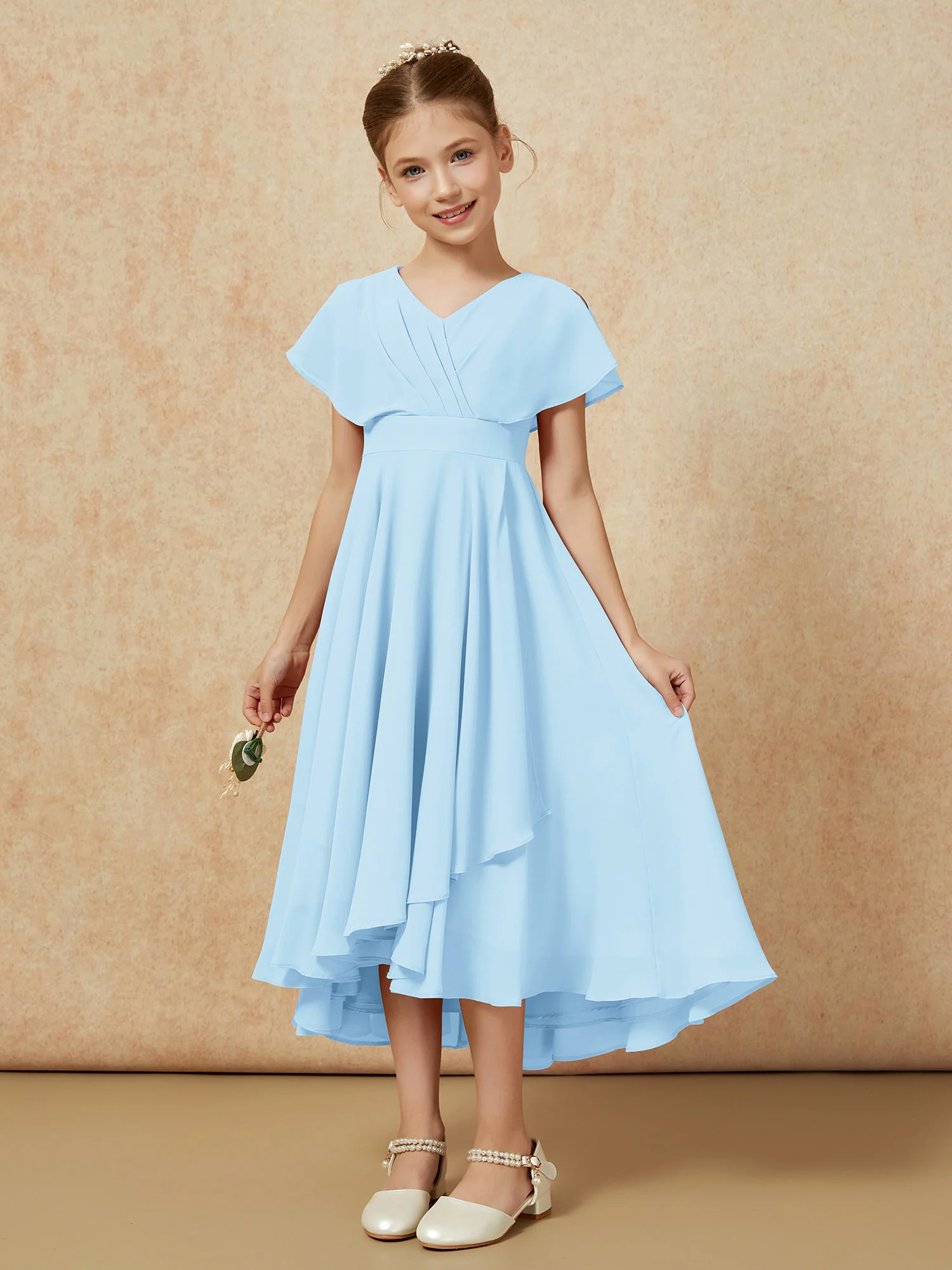 V-neck Chiffon Asymmetrical Junior Bridesmaid Dresses Sky Blue - Image 5