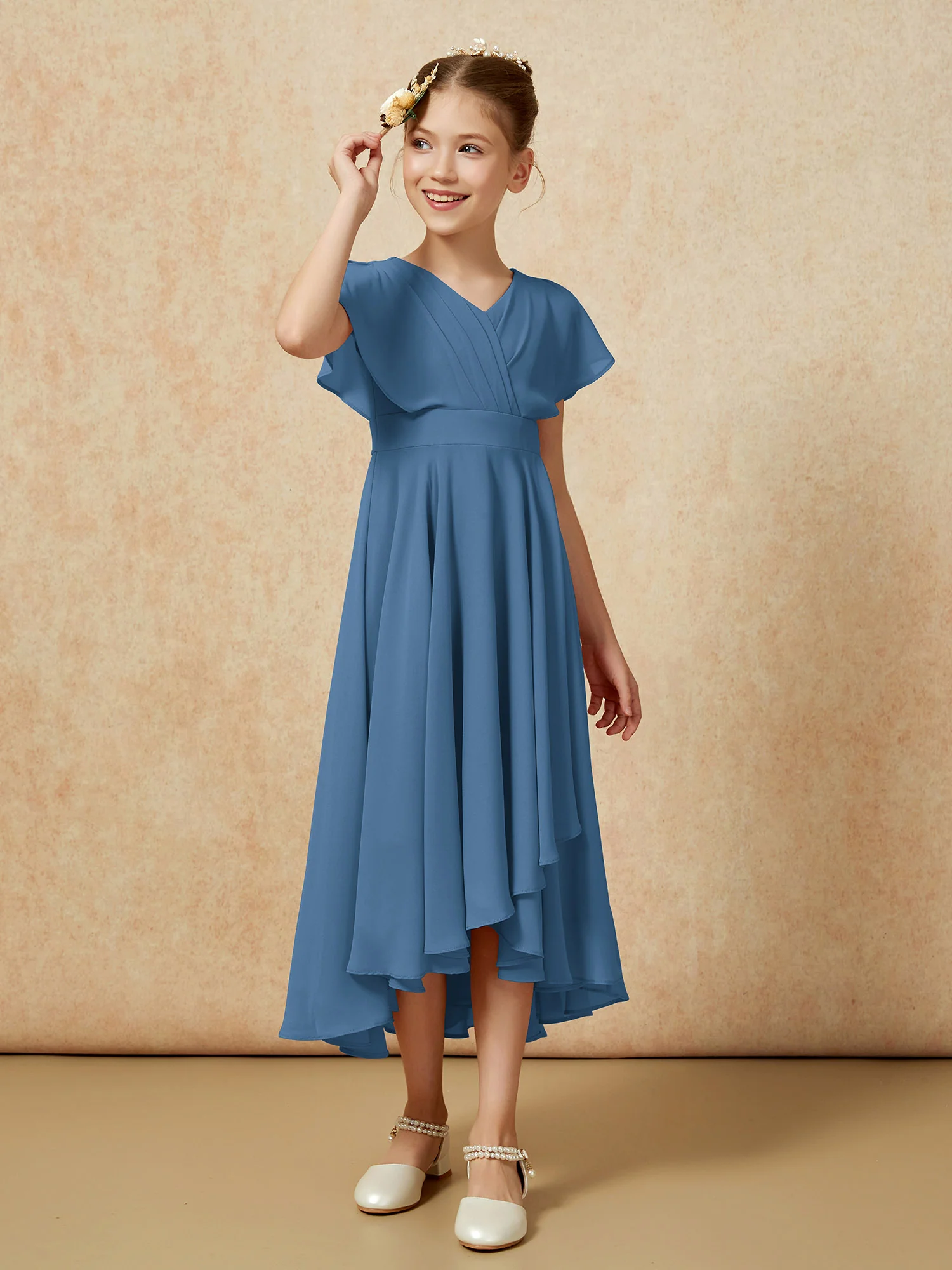 V-neck Chiffon Asymmetrical Junior Bridesmaid Dresses Slate Blue - Image 3
