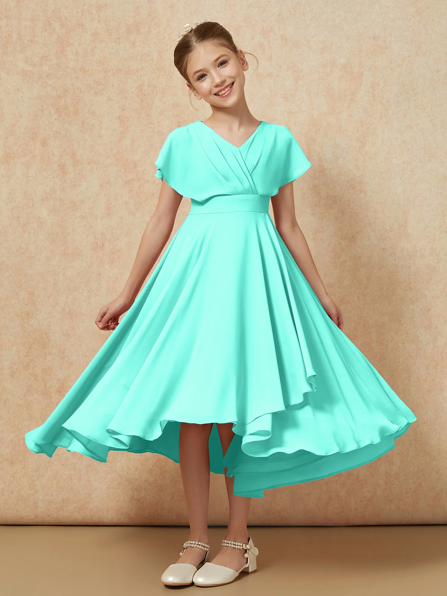 V-neck Chiffon Asymmetrical Junior Bridesmaid Dresses Spa