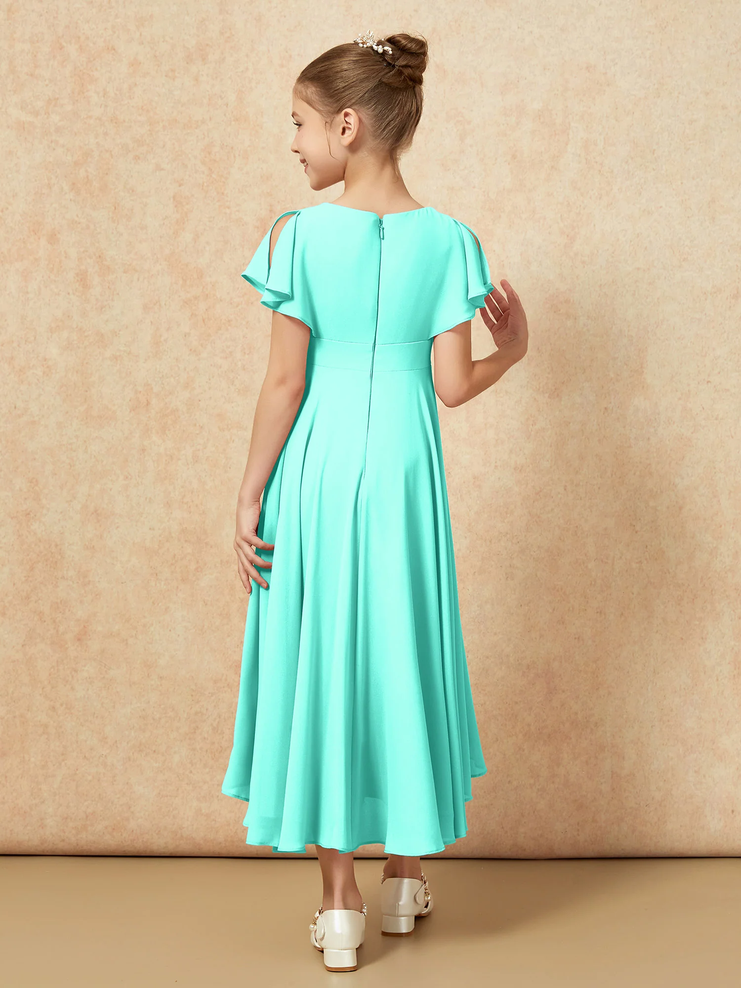 V-neck Chiffon Asymmetrical Junior Bridesmaid Dresses Spa - Image 2