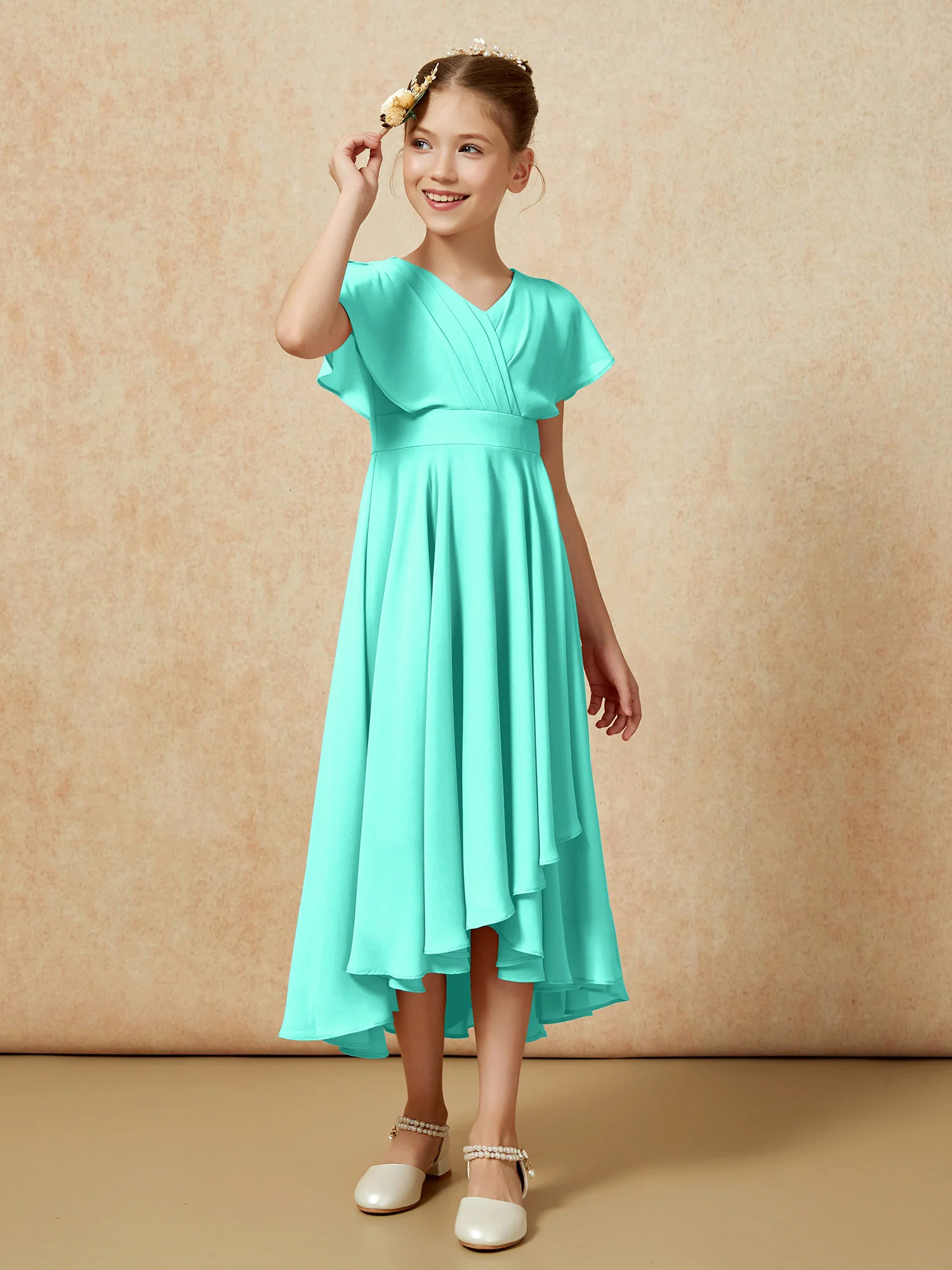 V-neck Chiffon Asymmetrical Junior Bridesmaid Dresses Spa - Image 3