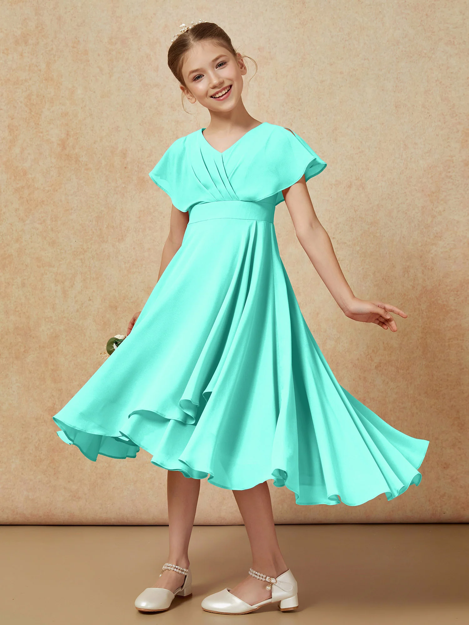 V-neck Chiffon Asymmetrical Junior Bridesmaid Dresses Spa - Image 4