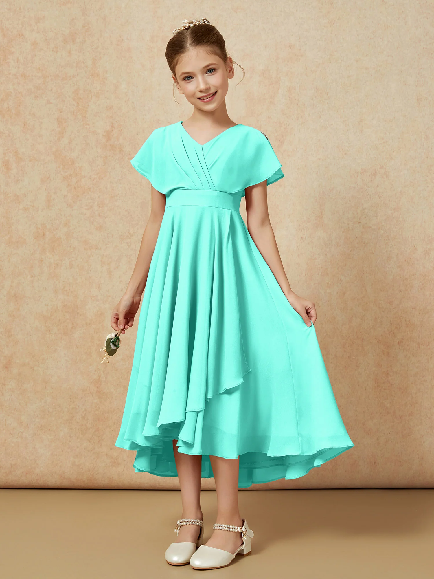 V-neck Chiffon Asymmetrical Junior Bridesmaid Dresses Spa - Image 5