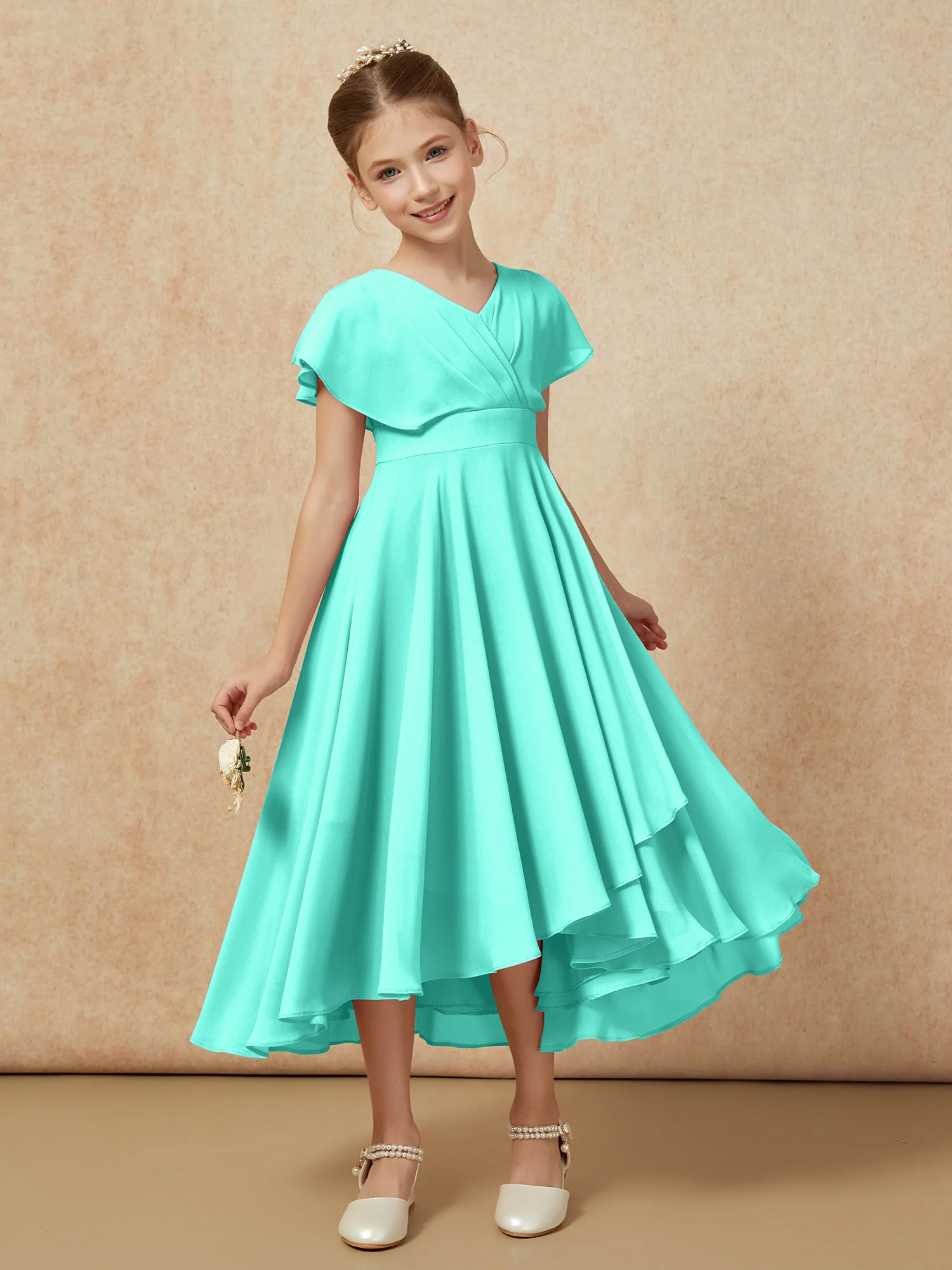V-neck Chiffon Asymmetrical Junior Bridesmaid Dresses Spa - Image 6
