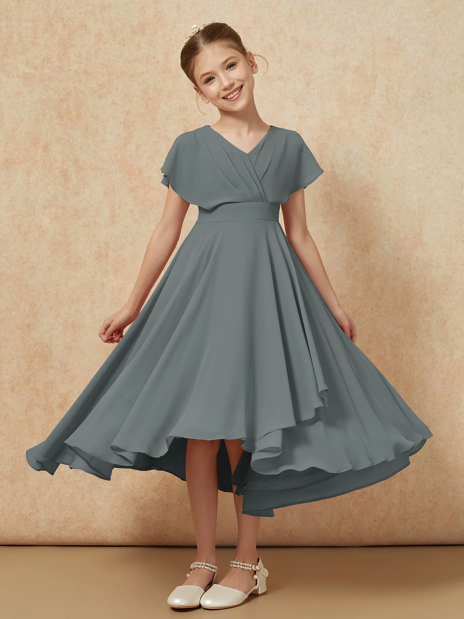 V-neck Chiffon Asymmetrical Junior Bridesmaid Dresses Steel Grey