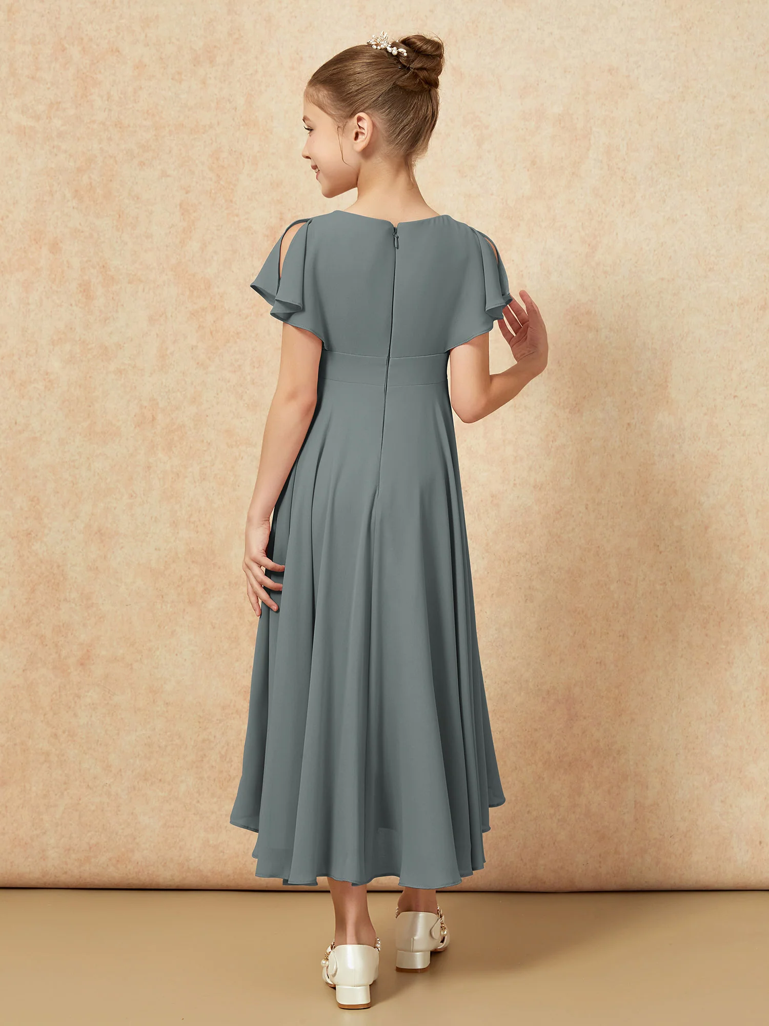 V-neck Chiffon Asymmetrical Junior Bridesmaid Dresses Steel Grey - Image 2