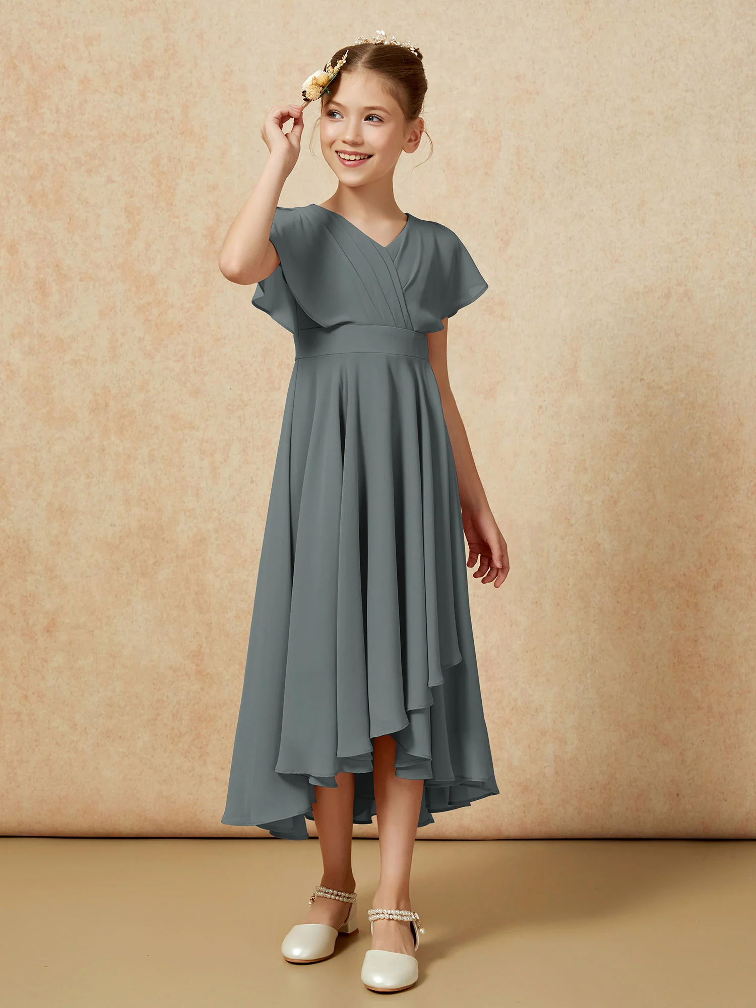 V-neck Chiffon Asymmetrical Junior Bridesmaid Dresses Steel Grey - Image 3