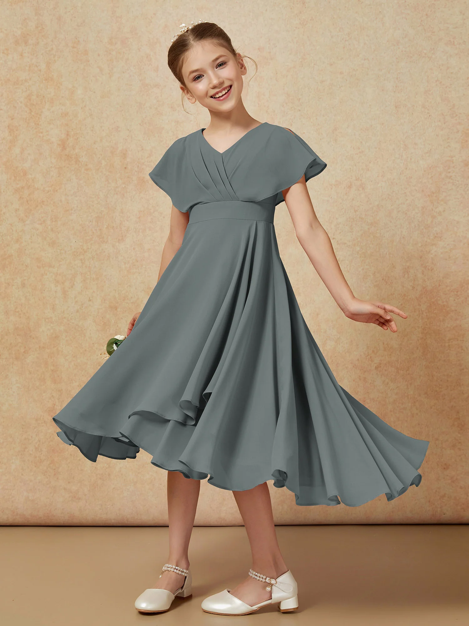 V-neck Chiffon Asymmetrical Junior Bridesmaid Dresses Steel Grey - Image 4