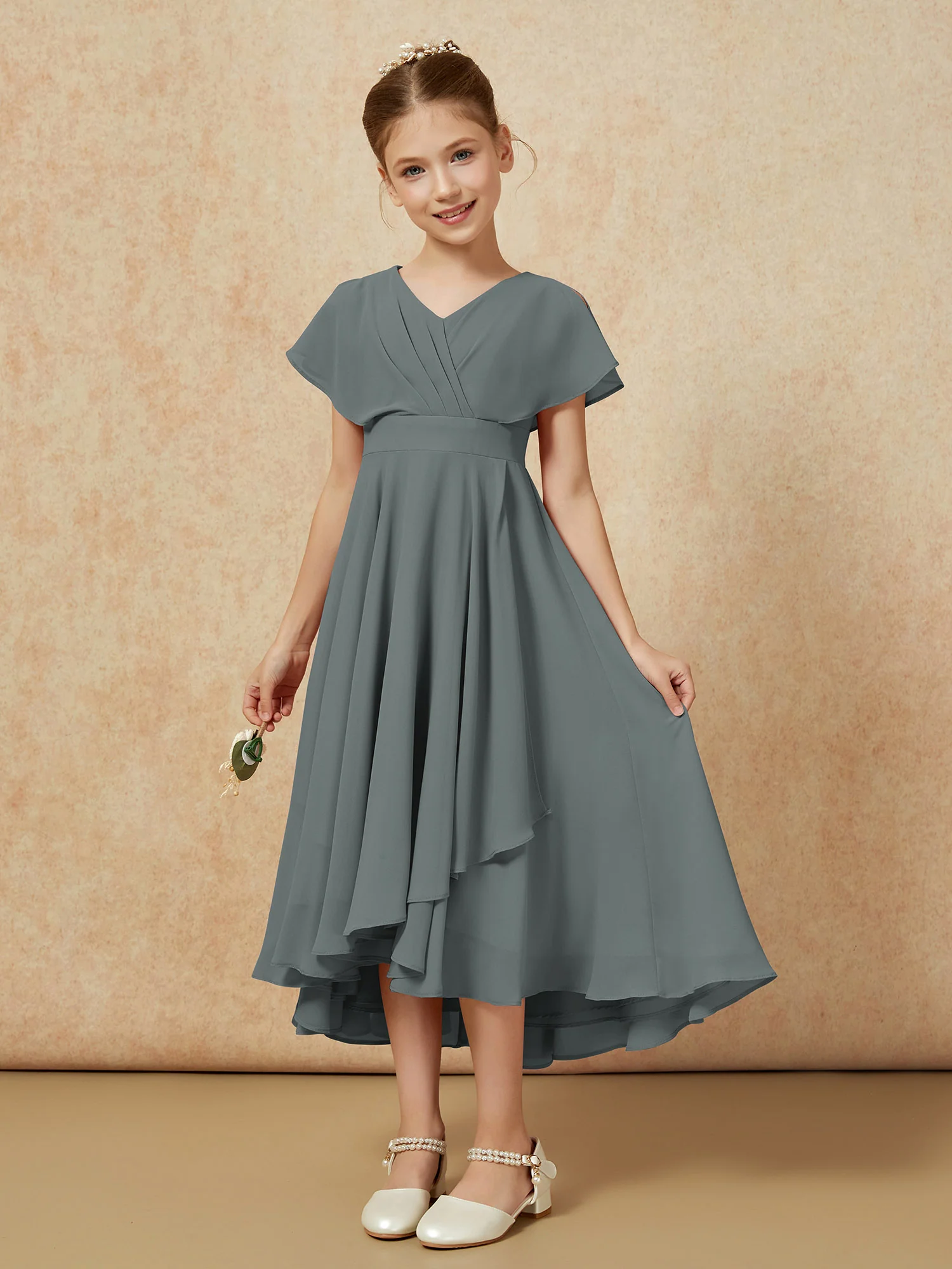 V-neck Chiffon Asymmetrical Junior Bridesmaid Dresses Steel Grey - Image 5