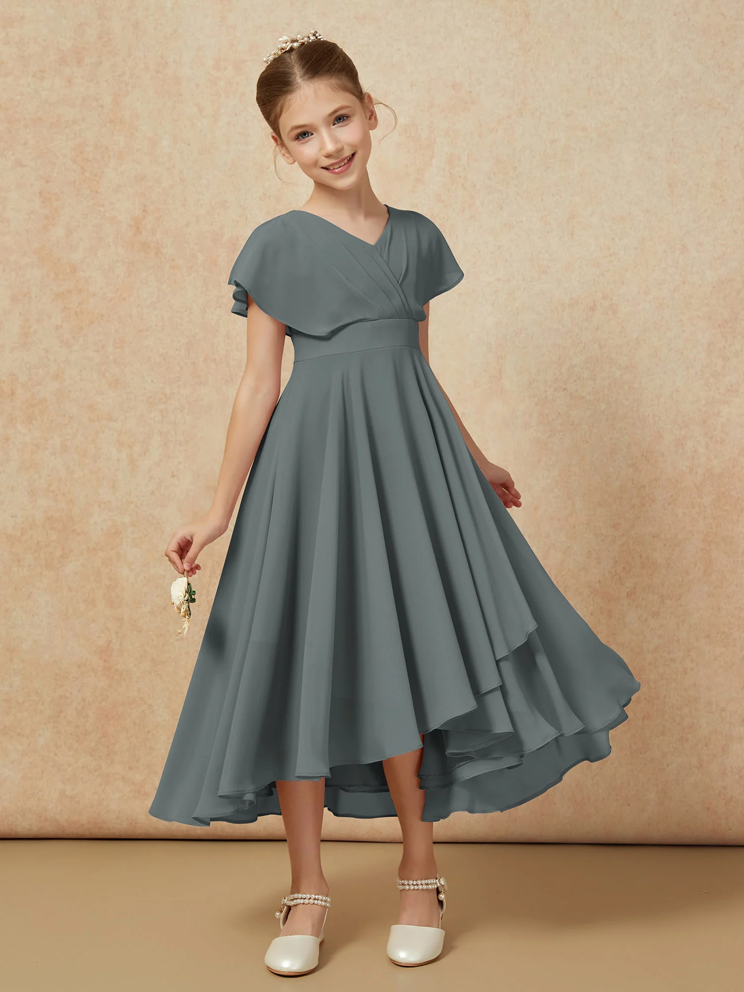 V-neck Chiffon Asymmetrical Junior Bridesmaid Dresses Steel Grey - Image 6