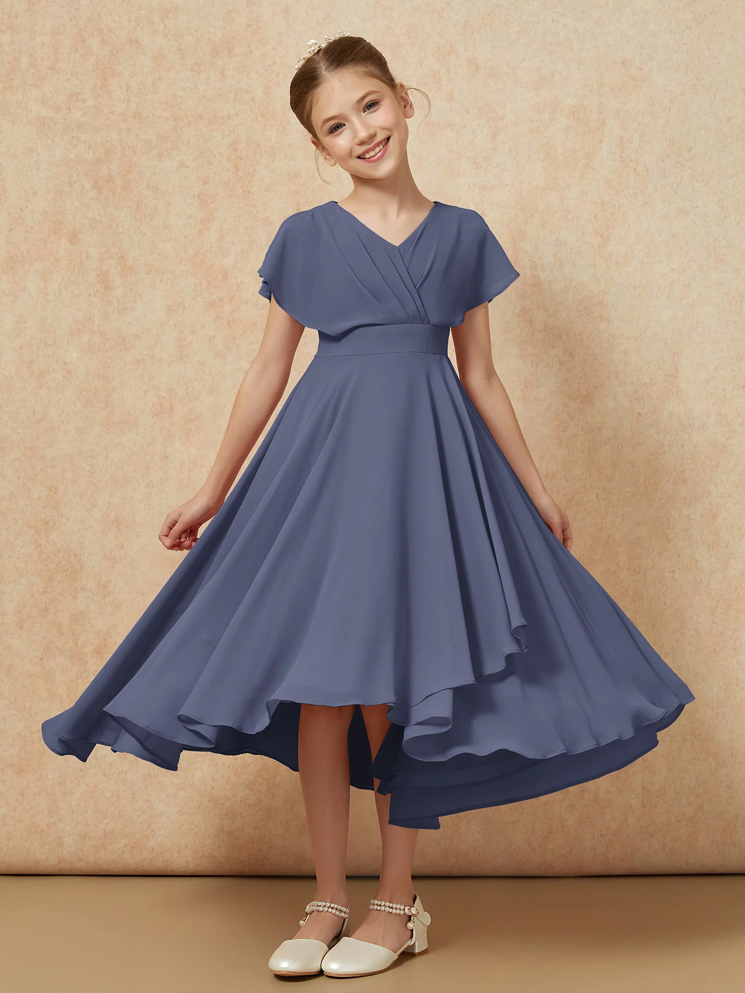 V-neck Chiffon Asymmetrical Junior Bridesmaid Dresses Stormy