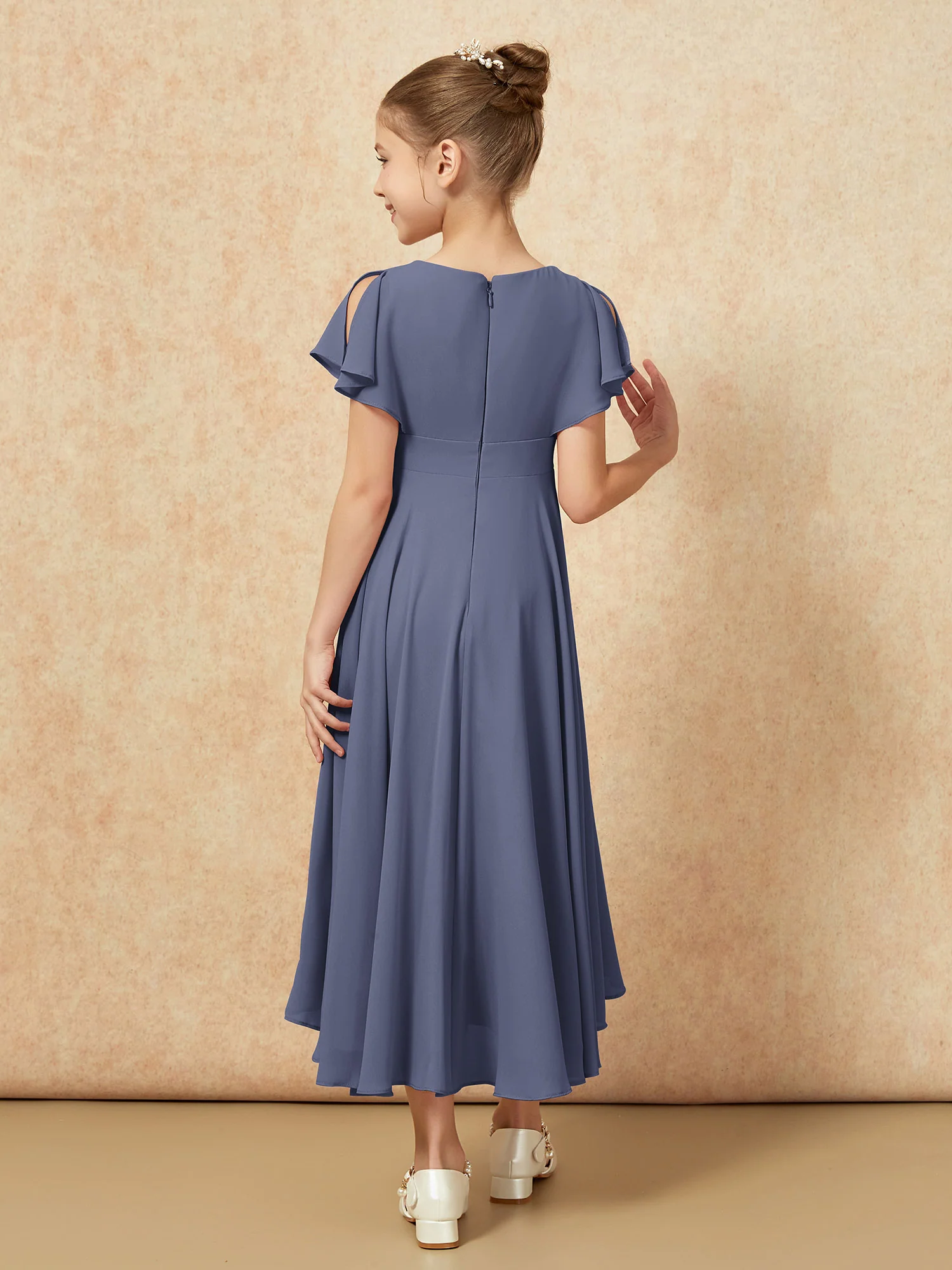 V-neck Chiffon Asymmetrical Junior Bridesmaid Dresses Stormy - Image 2