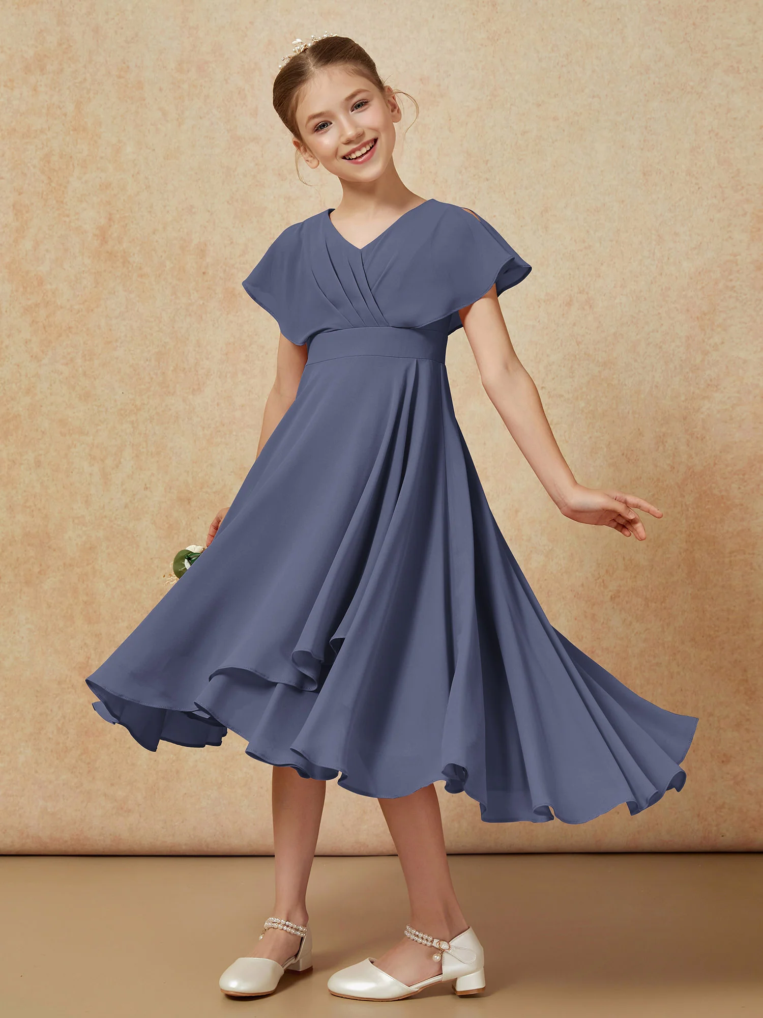 V-neck Chiffon Asymmetrical Junior Bridesmaid Dresses Stormy - Image 4