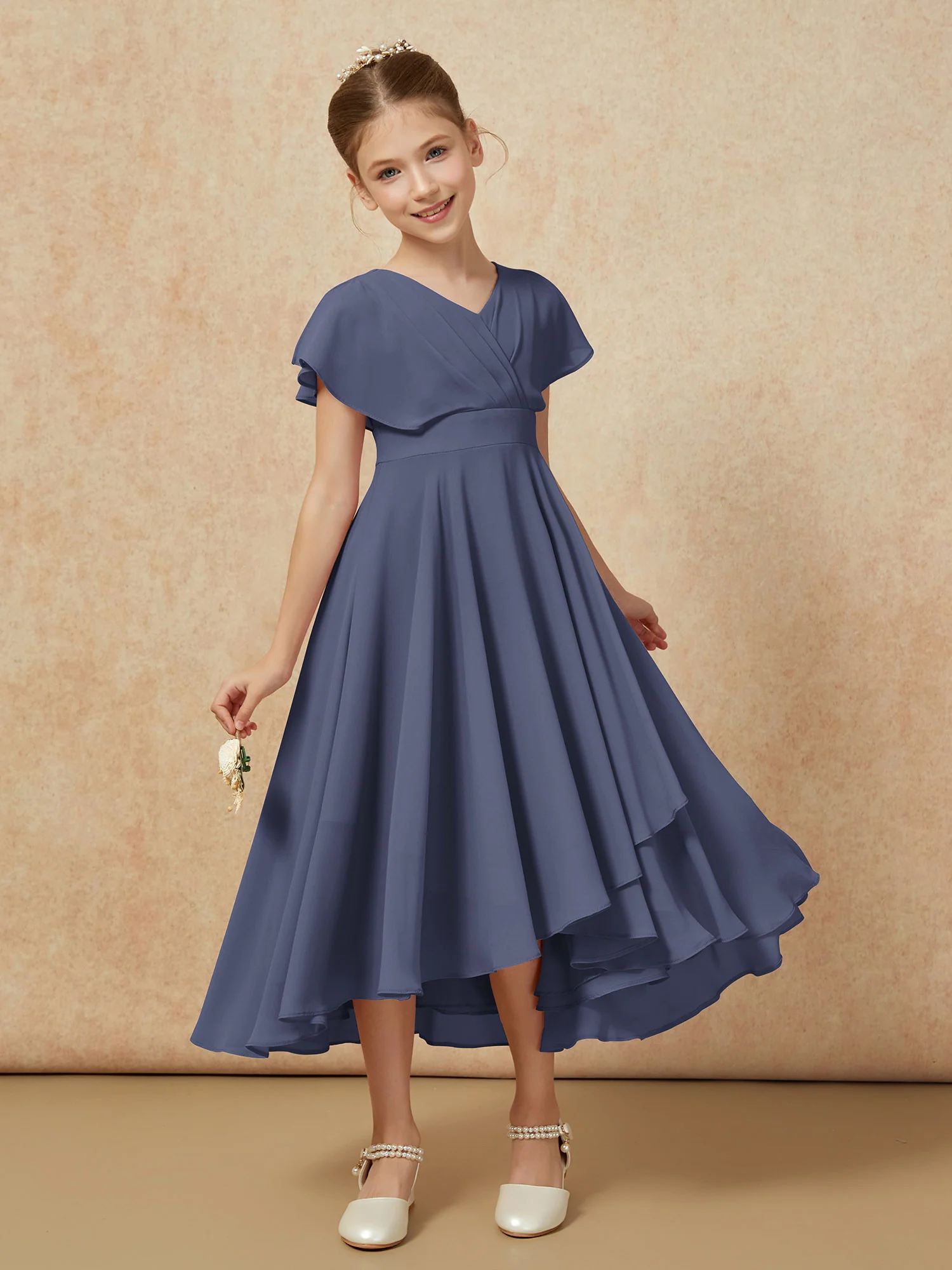V-neck Chiffon Asymmetrical Junior Bridesmaid Dresses Stormy - Image 6