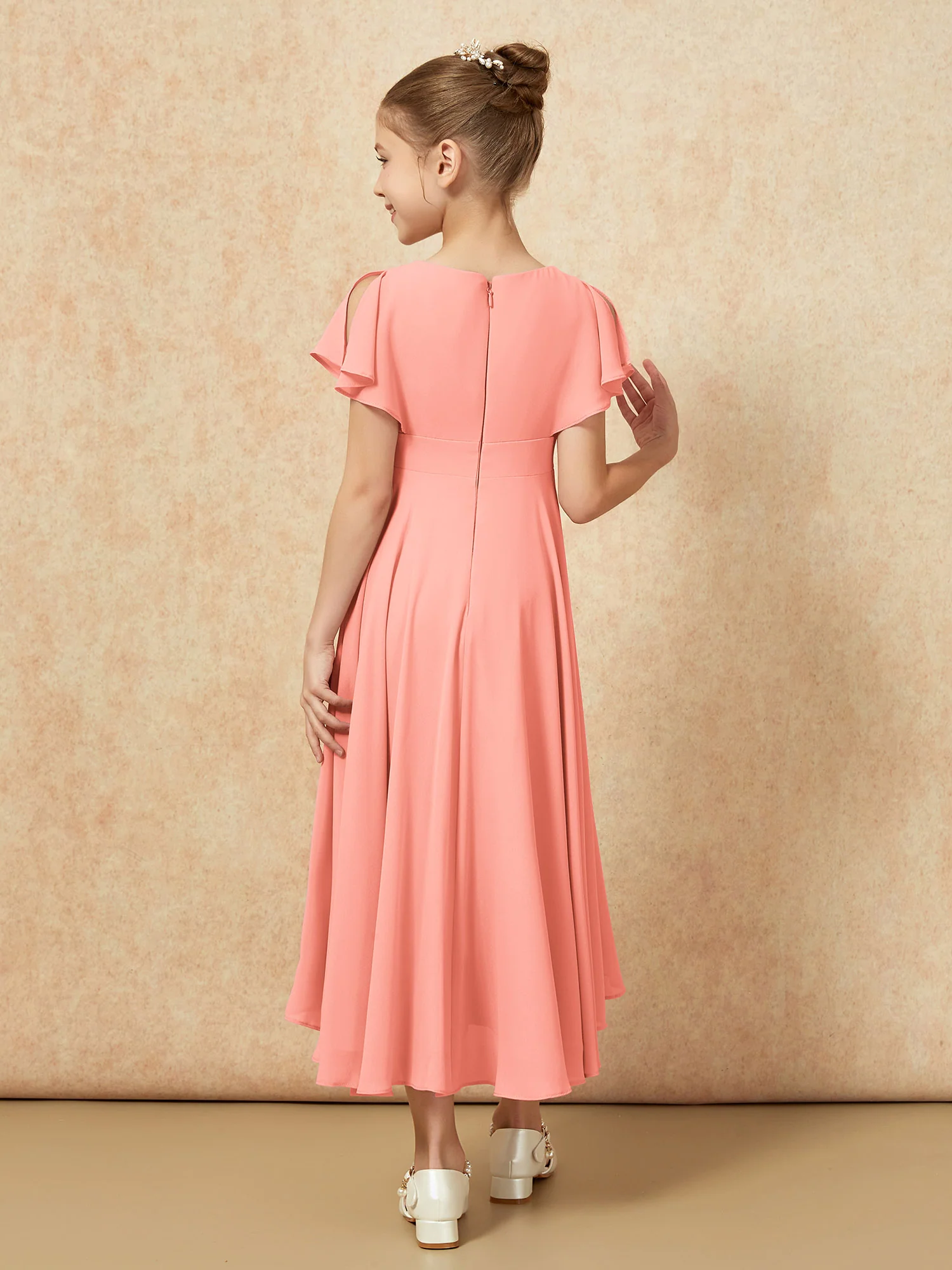 V-neck Chiffon Asymmetrical Junior Bridesmaid Dresses Sunset - Image 2