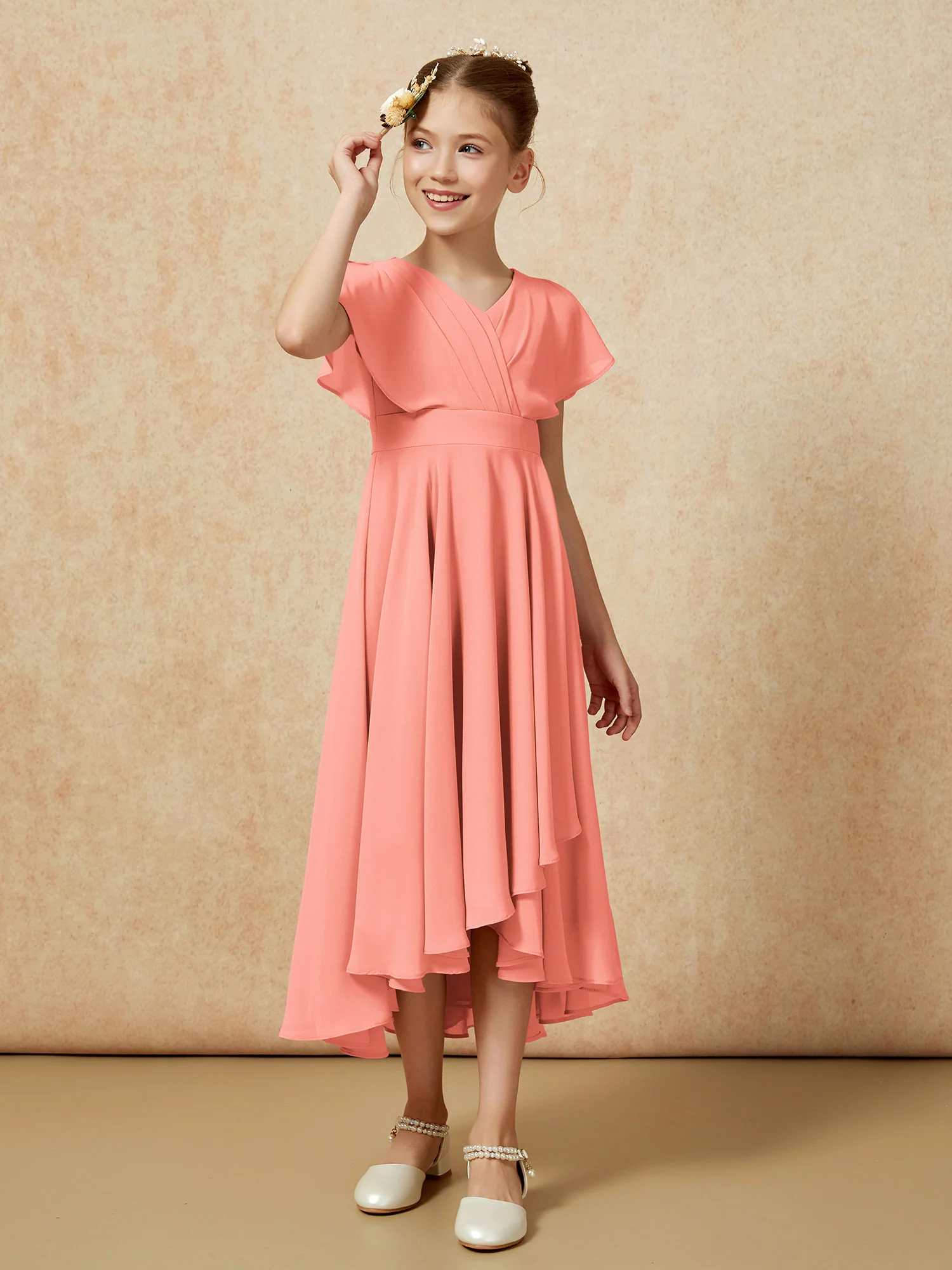 V-neck Chiffon Asymmetrical Junior Bridesmaid Dresses Sunset - Image 3