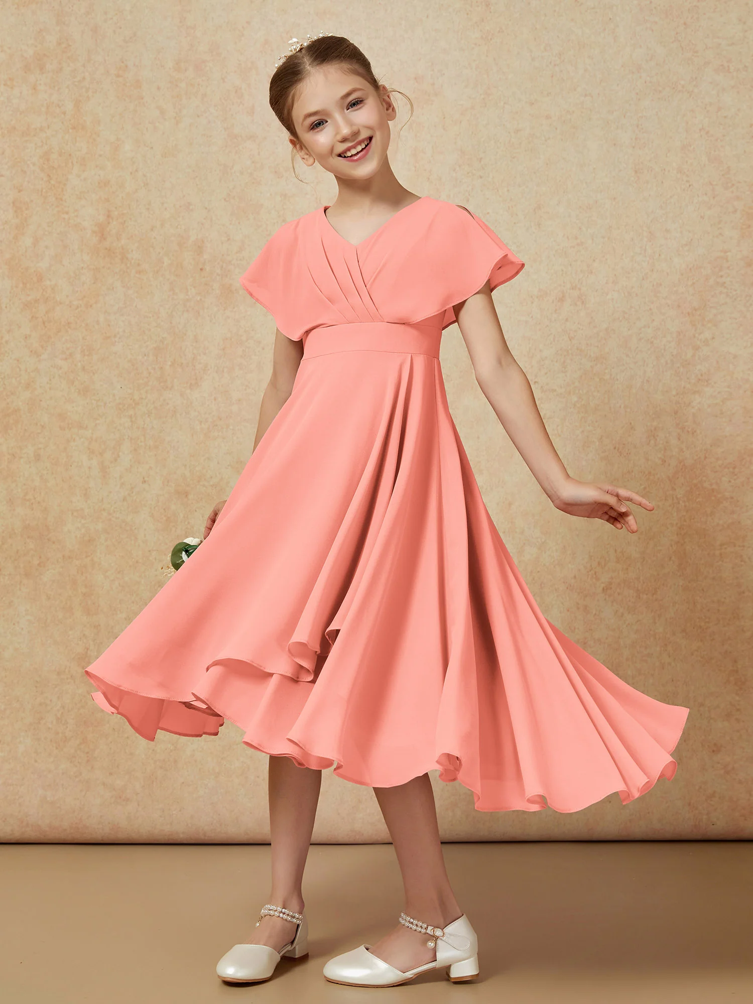 V-neck Chiffon Asymmetrical Junior Bridesmaid Dresses Sunset - Image 4