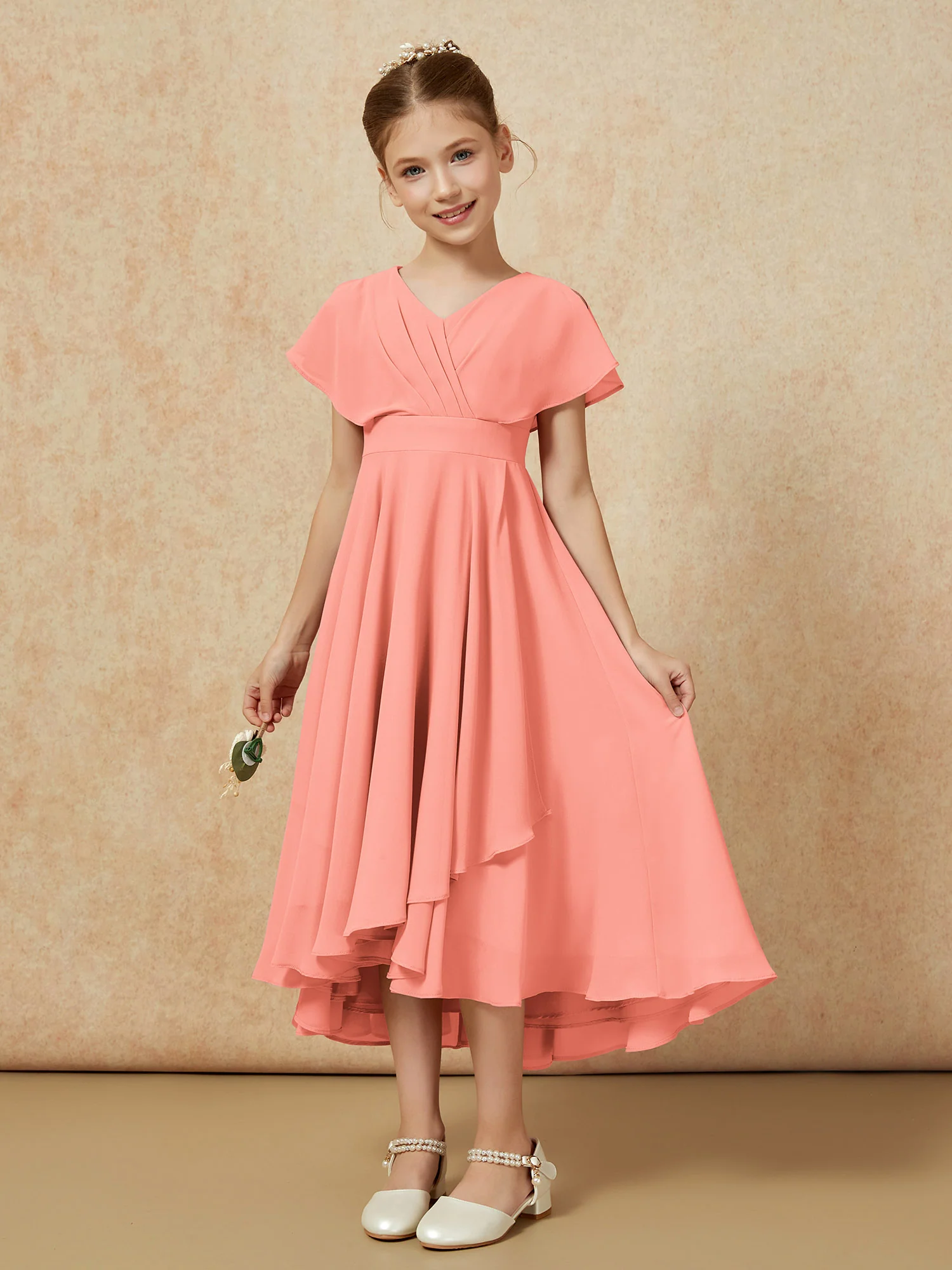 V-neck Chiffon Asymmetrical Junior Bridesmaid Dresses Sunset - Image 5