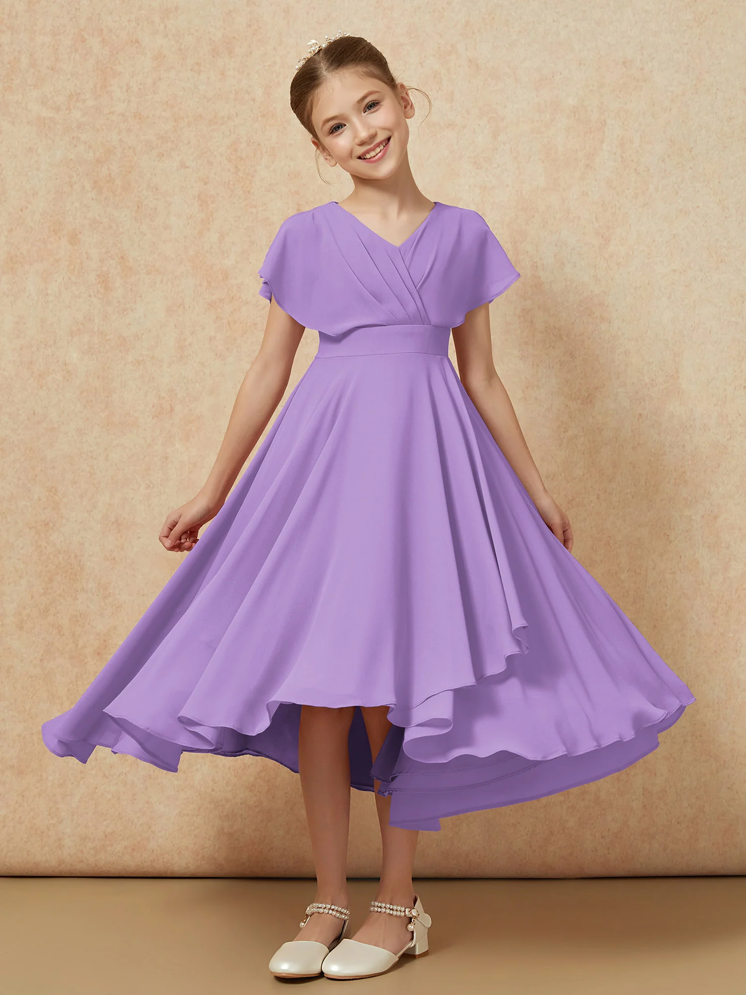 V-neck Chiffon Asymmetrical Junior Bridesmaid Dresses Tahiti