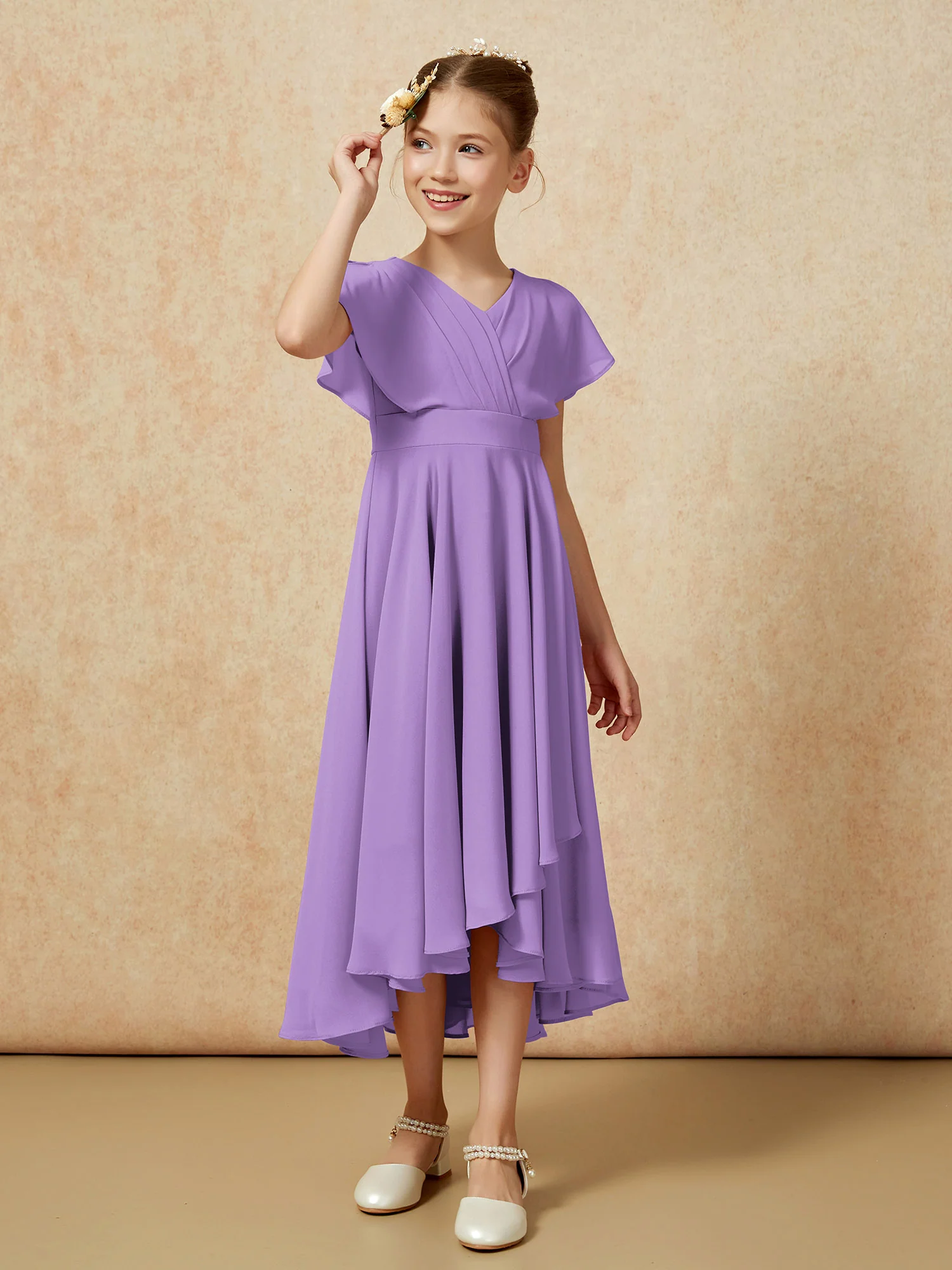 V-neck Chiffon Asymmetrical Junior Bridesmaid Dresses Tahiti - Image 3