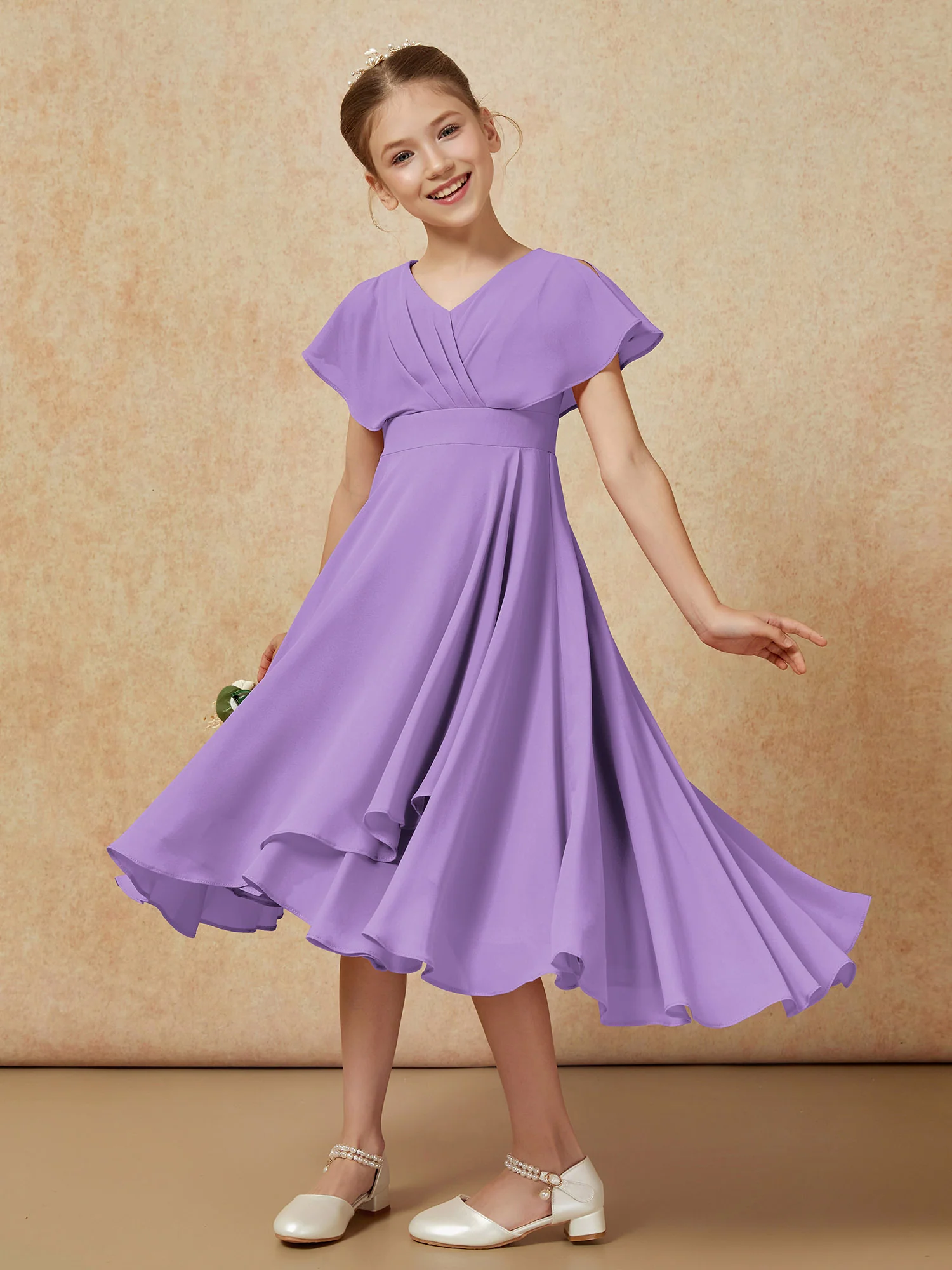 V-neck Chiffon Asymmetrical Junior Bridesmaid Dresses Tahiti - Image 4