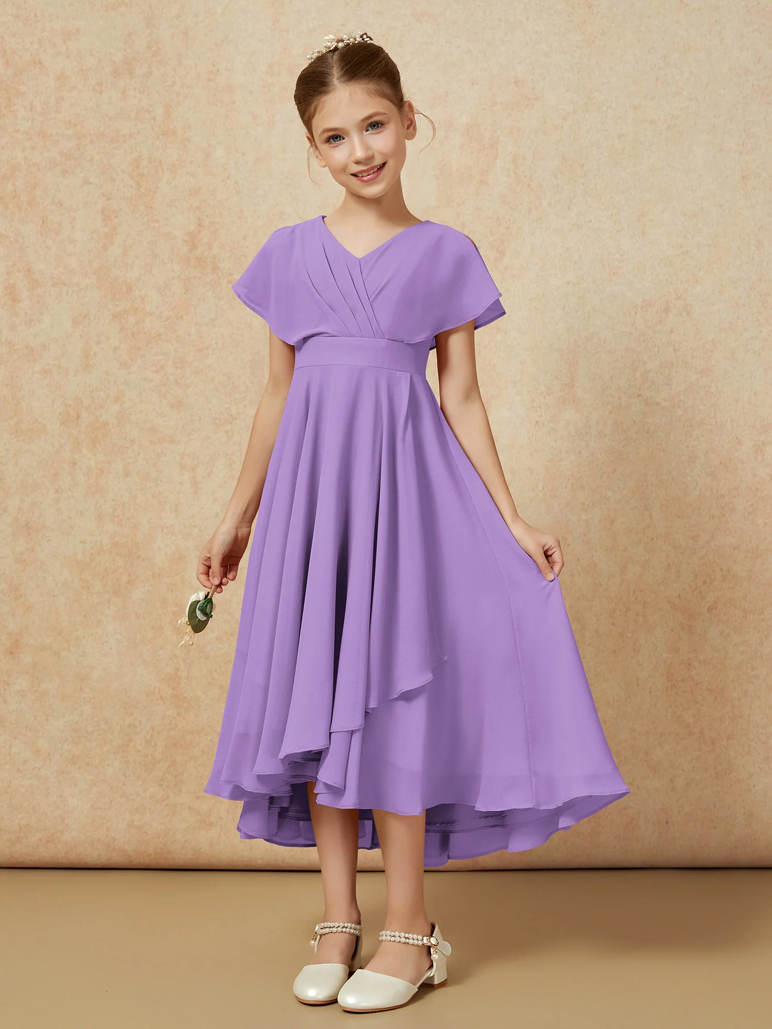 V-neck Chiffon Asymmetrical Junior Bridesmaid Dresses Tahiti - Image 5