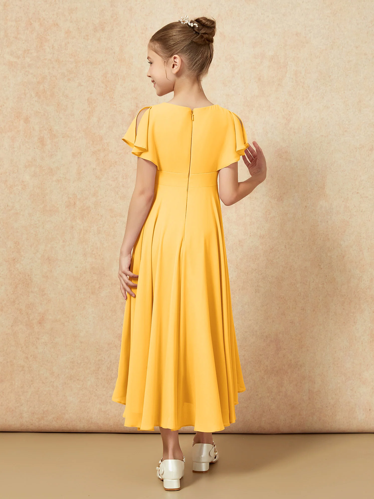 V-neck Chiffon Asymmetrical Junior Bridesmaid Dresses Tangerine - Image 2