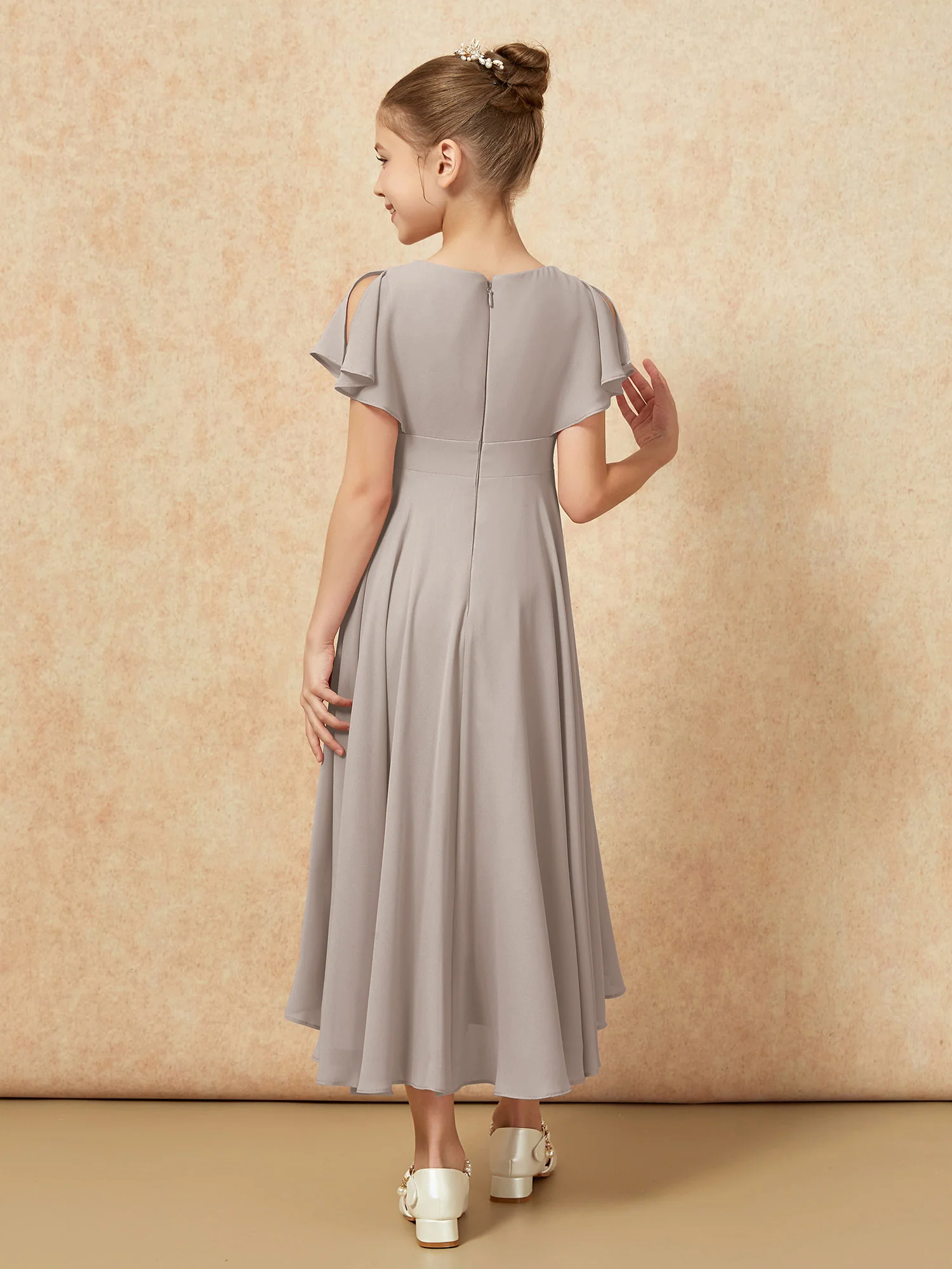 V-neck Chiffon Asymmetrical Junior Bridesmaid Dresses Taupe - Image 2