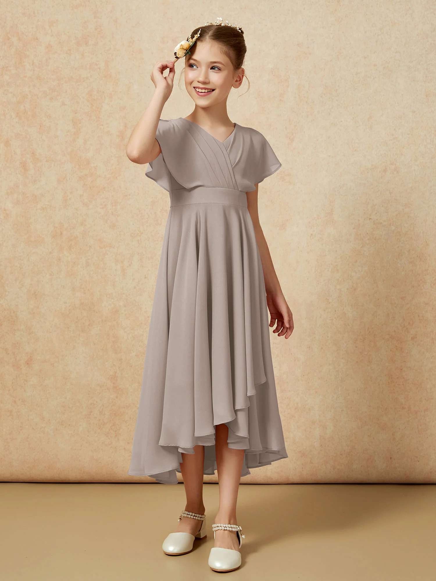 V-neck Chiffon Asymmetrical Junior Bridesmaid Dresses Taupe - Image 3