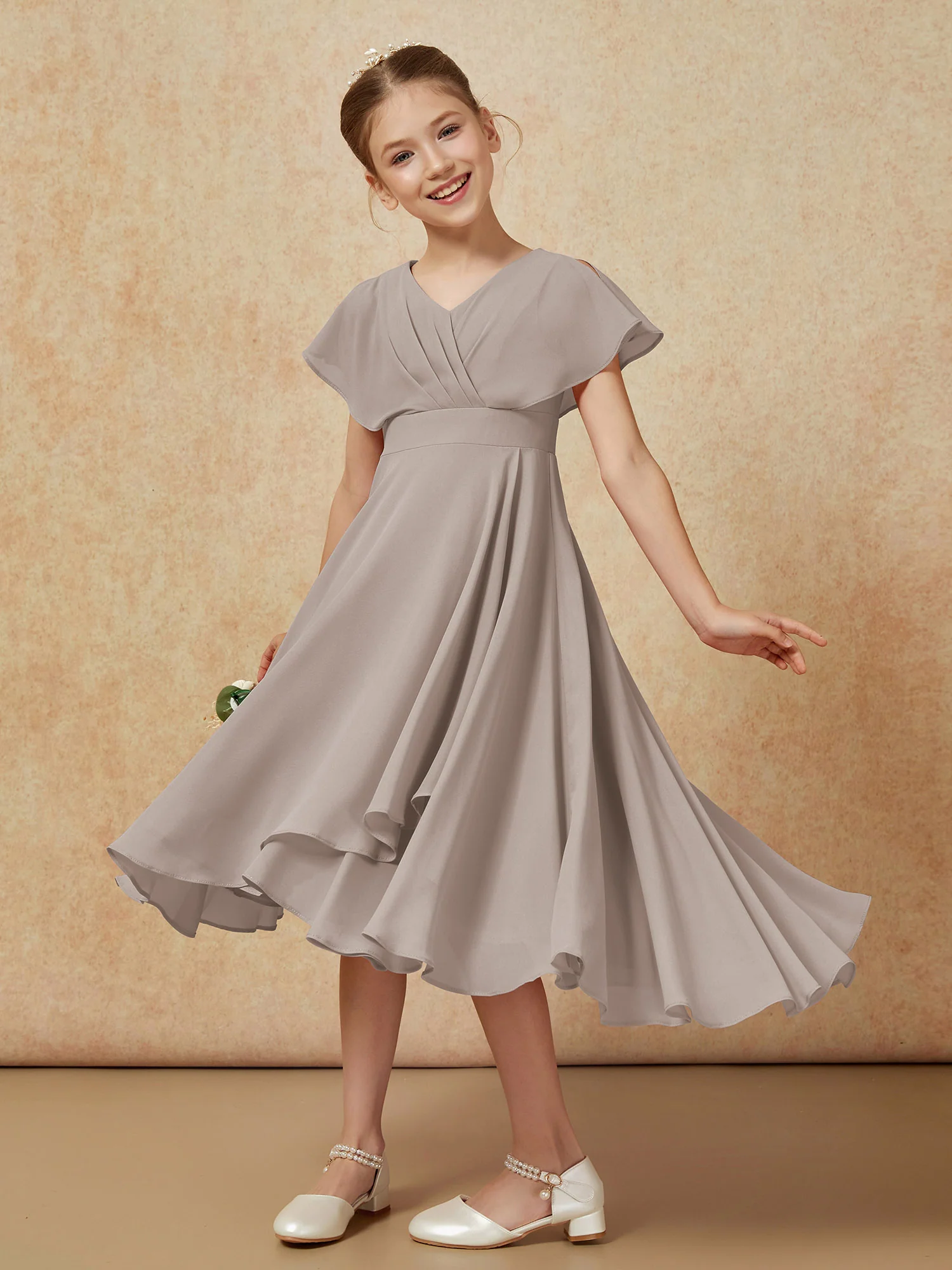 V-neck Chiffon Asymmetrical Junior Bridesmaid Dresses Taupe - Image 4