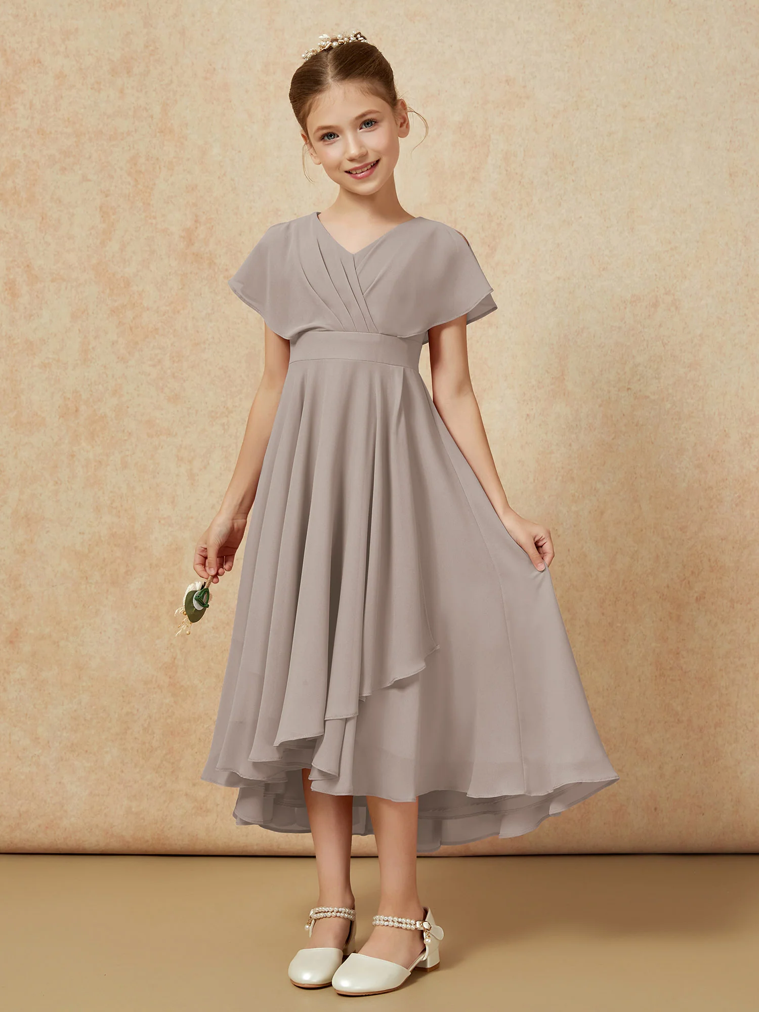 V-neck Chiffon Asymmetrical Junior Bridesmaid Dresses Taupe - Image 5