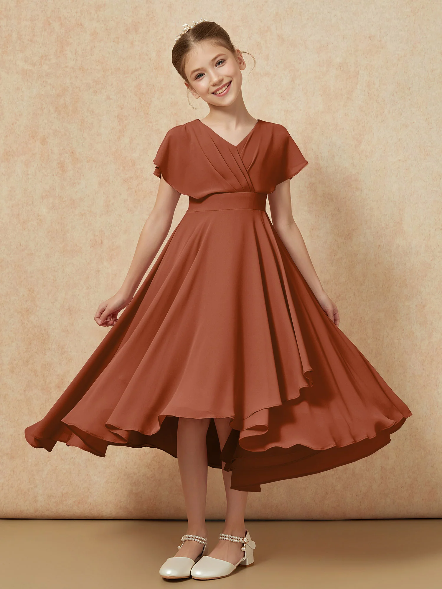 V-neck Chiffon Asymmetrical Junior Bridesmaid Dresses Terracotta