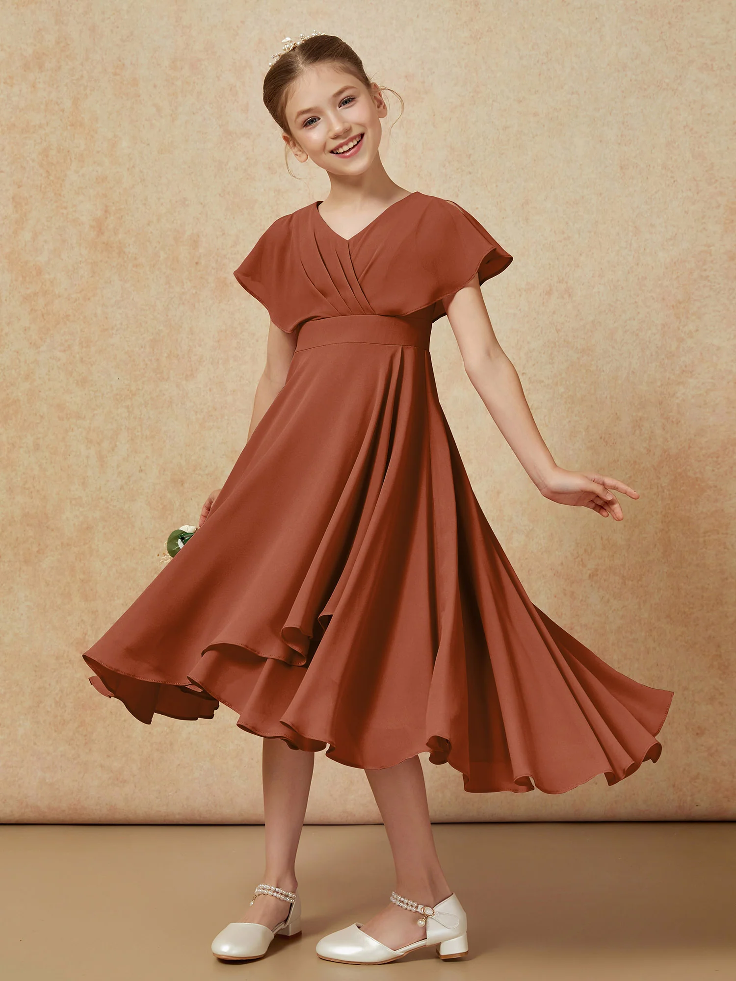 V-neck Chiffon Asymmetrical Junior Bridesmaid Dresses Terracotta - Image 4