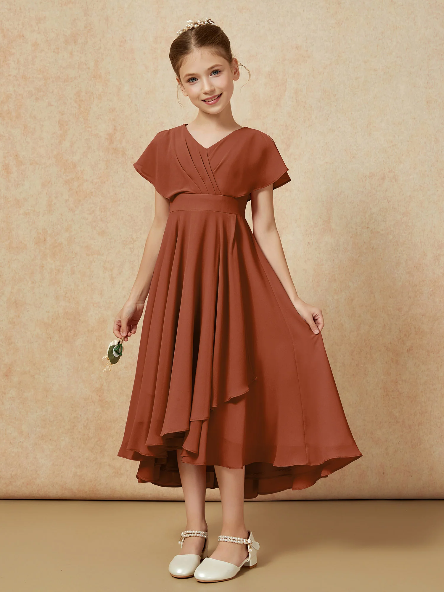 V-neck Chiffon Asymmetrical Junior Bridesmaid Dresses Terracotta - Image 5