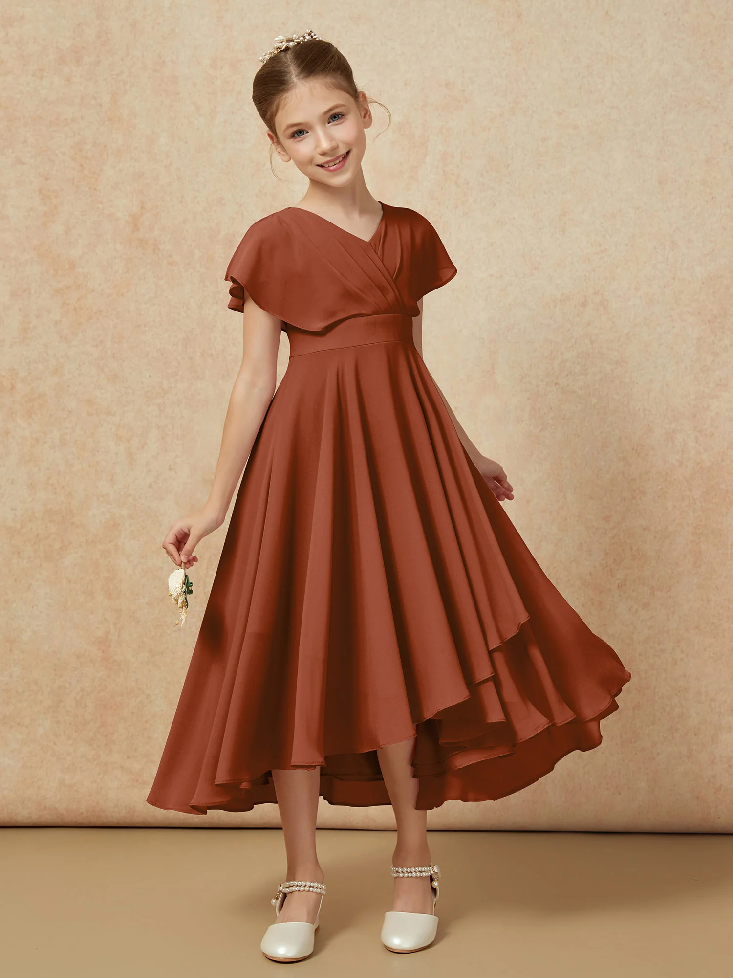 V-neck Chiffon Asymmetrical Junior Bridesmaid Dresses Terracotta - Image 6