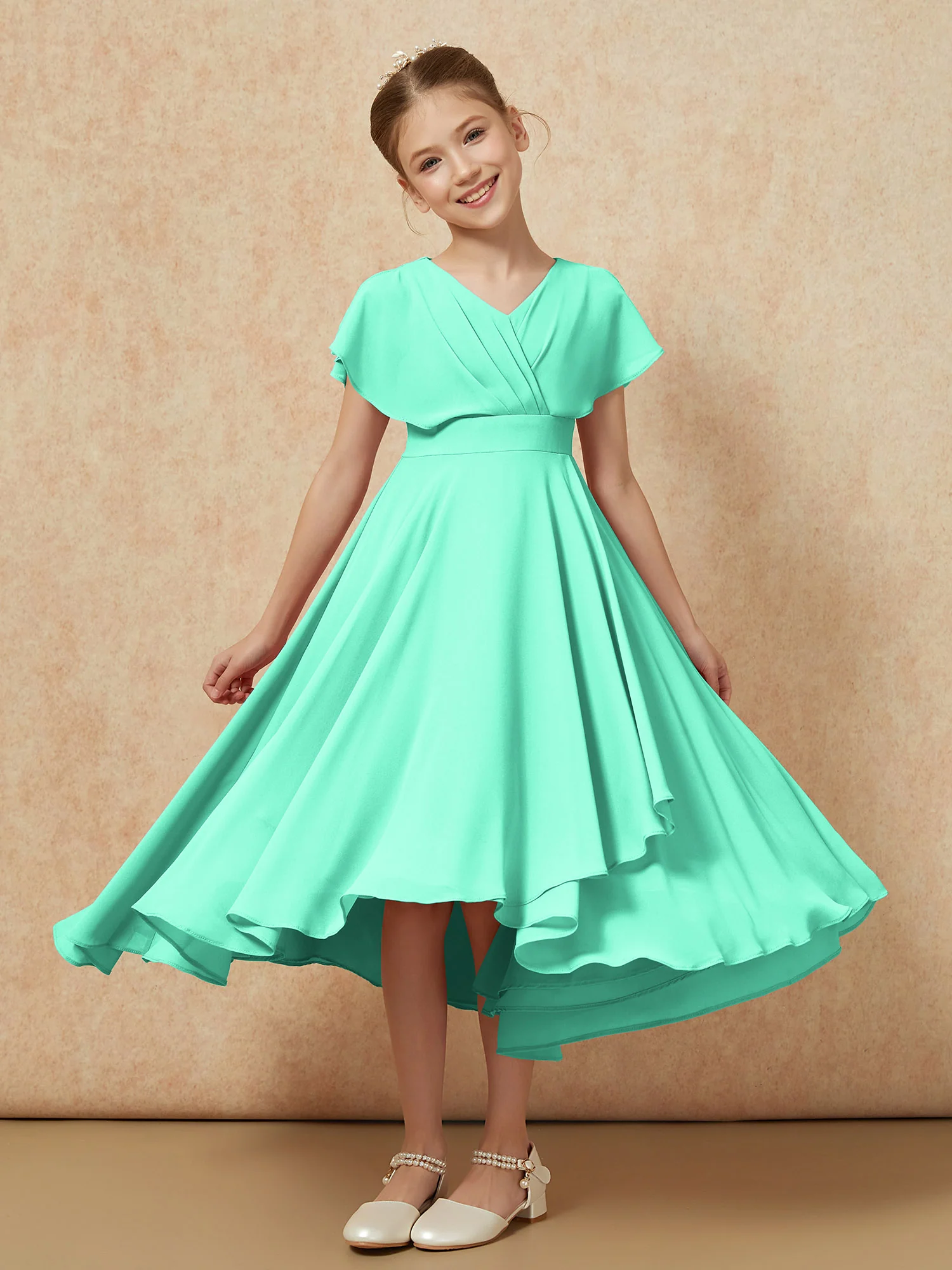 V-neck Chiffon Asymmetrical Junior Bridesmaid Dresses Turquoise