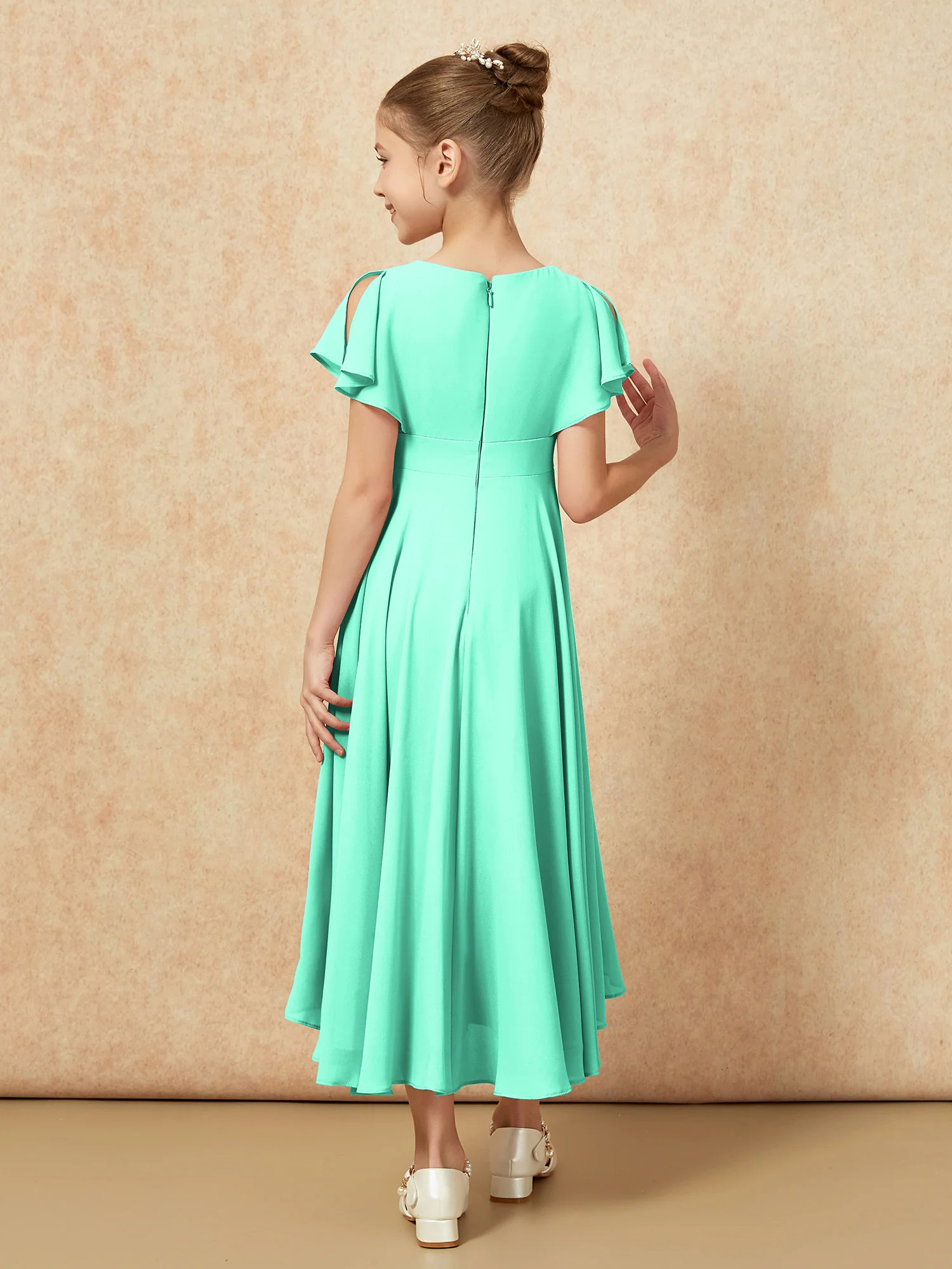 V-neck Chiffon Asymmetrical Junior Bridesmaid Dresses Turquoise - Image 2