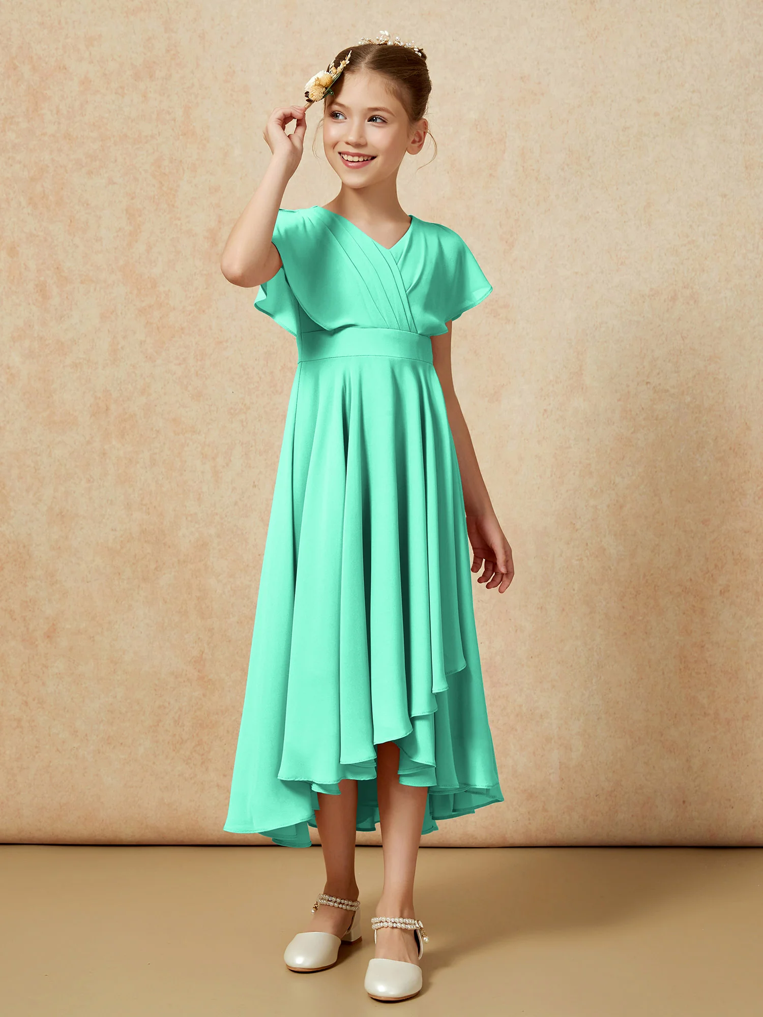 V-neck Chiffon Asymmetrical Junior Bridesmaid Dresses Turquoise - Image 3